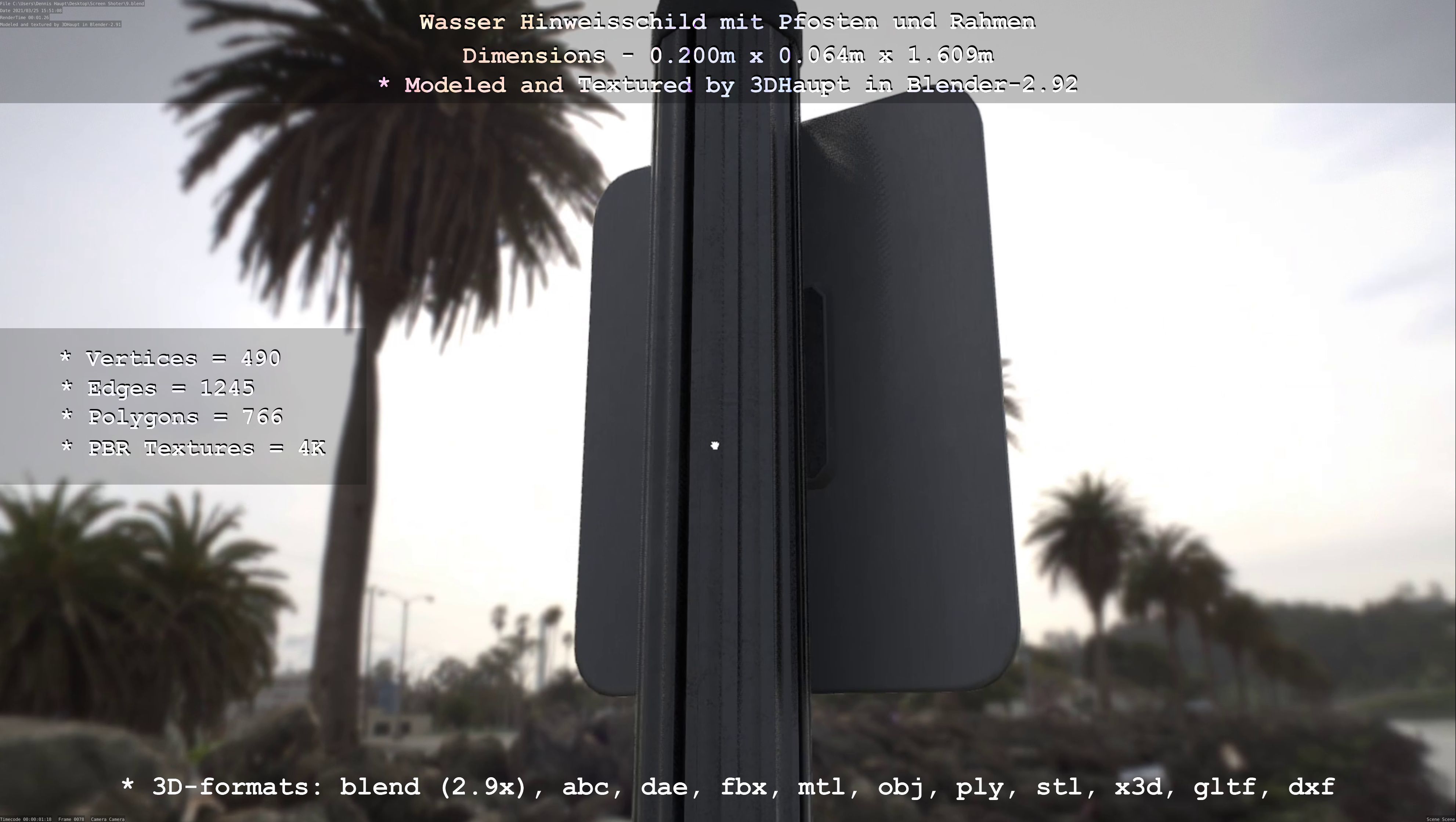 Hinweisschild Wasser mit Pfosten und Rahmen Low-poly 3D model_27
