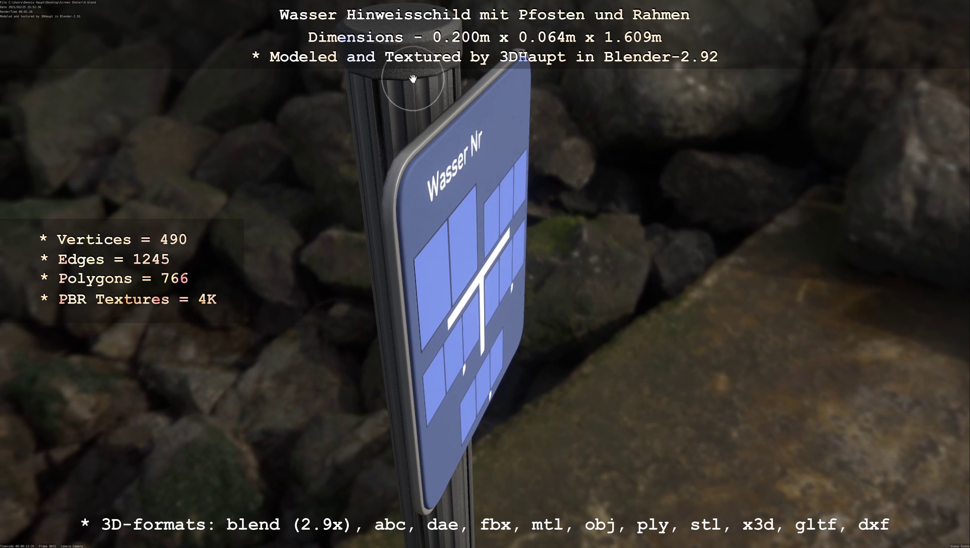 Hinweisschild Wasser mit Pfosten und Rahmen Low-poly 3D model_56