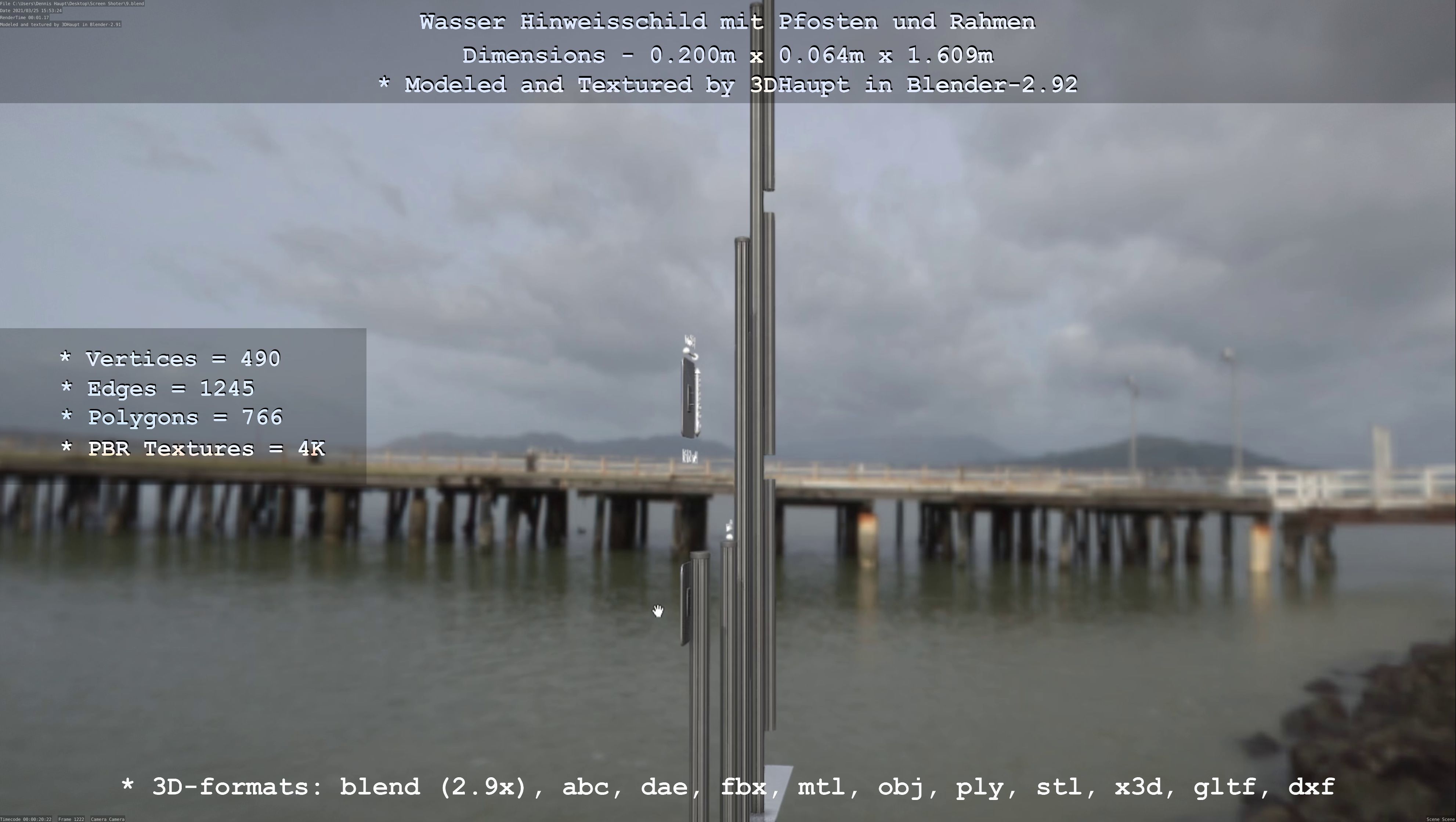 Hinweisschild Wasser mit Pfosten und Rahmen Low-poly 3D model_69