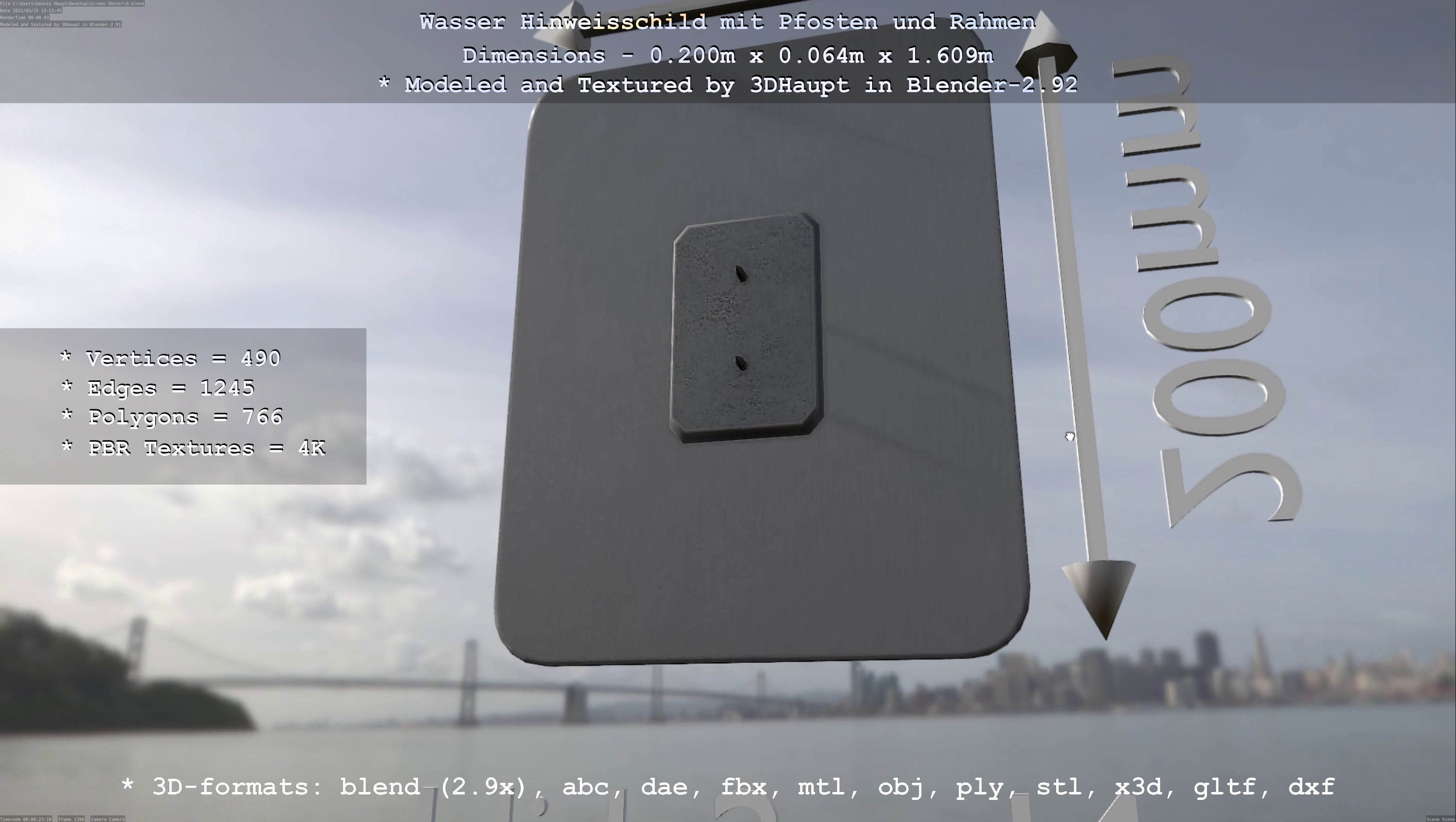 Hinweisschild Wasser mit Pfosten und Rahmen Low-poly 3D model_76