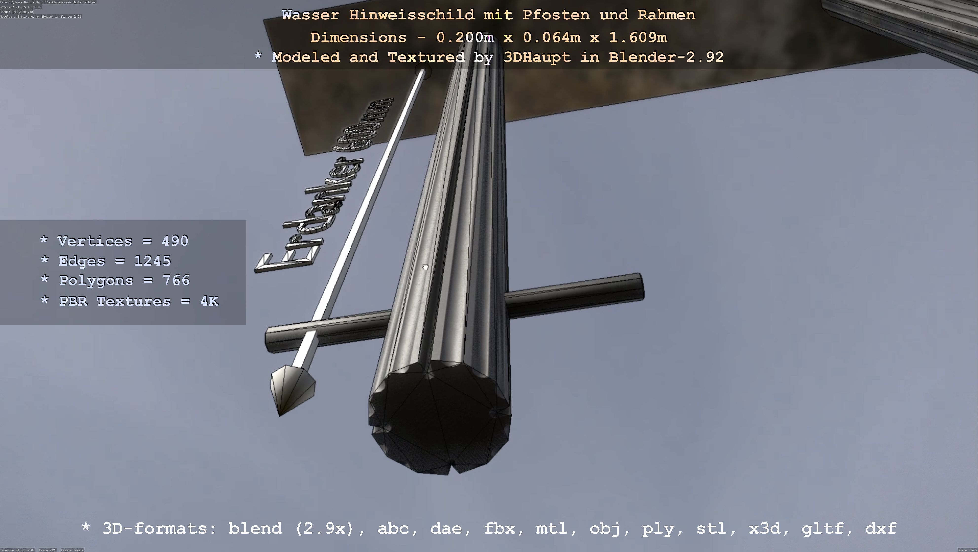 Hinweisschild Wasser mit Pfosten und Rahmen Low-poly 3D model_106