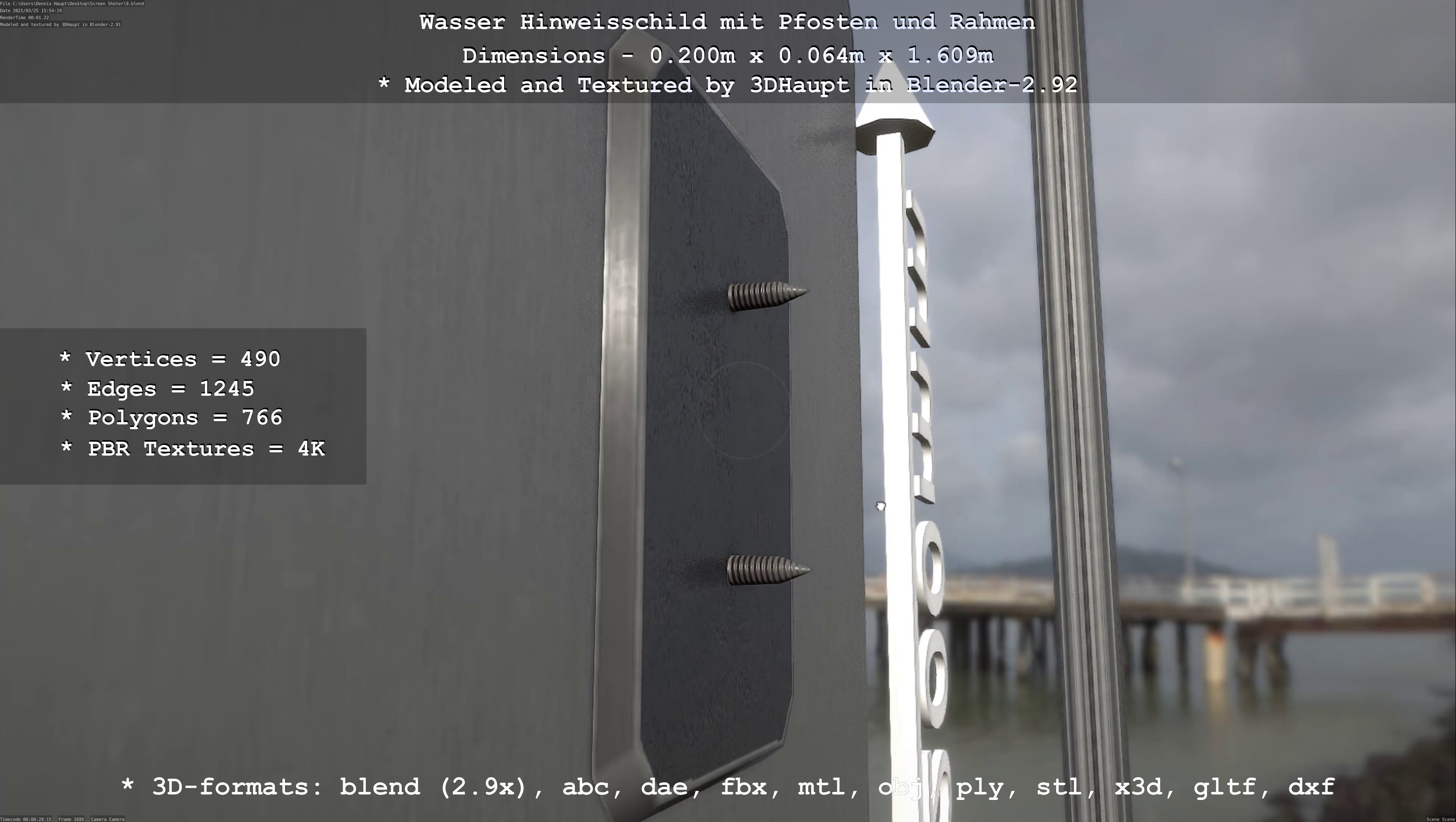 Hinweisschild Wasser mit Pfosten und Rahmen Low-poly 3D model_87