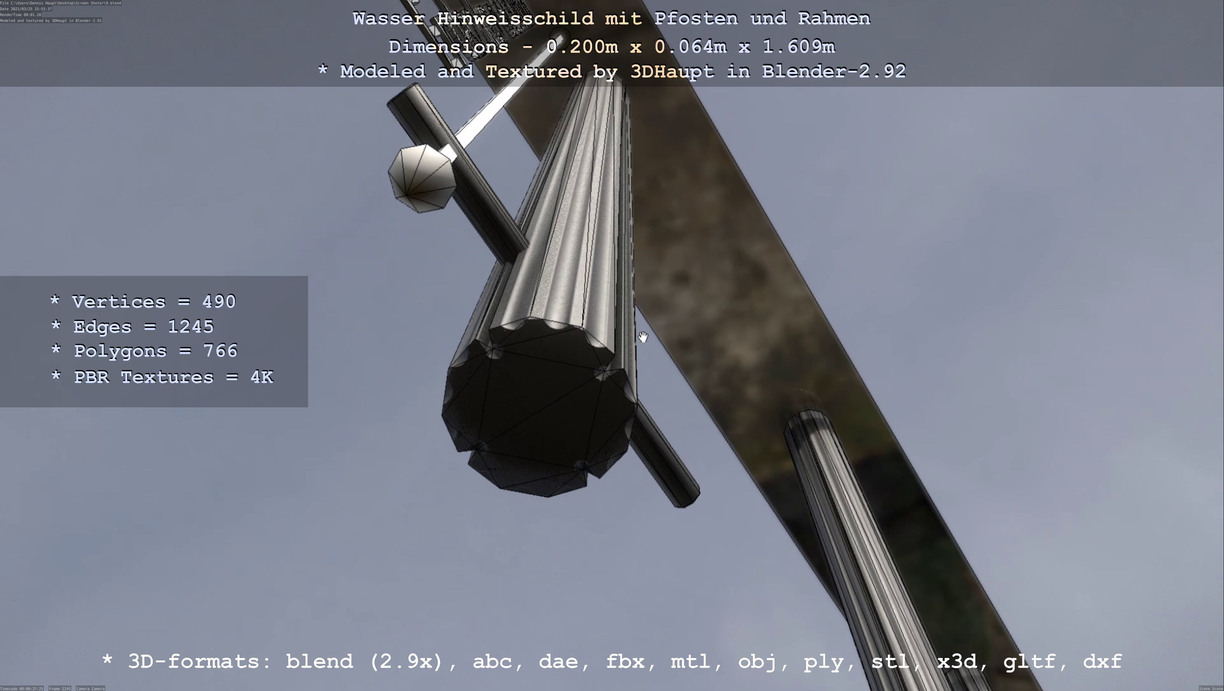 Hinweisschild Wasser mit Pfosten und Rahmen Low-poly 3D model_108