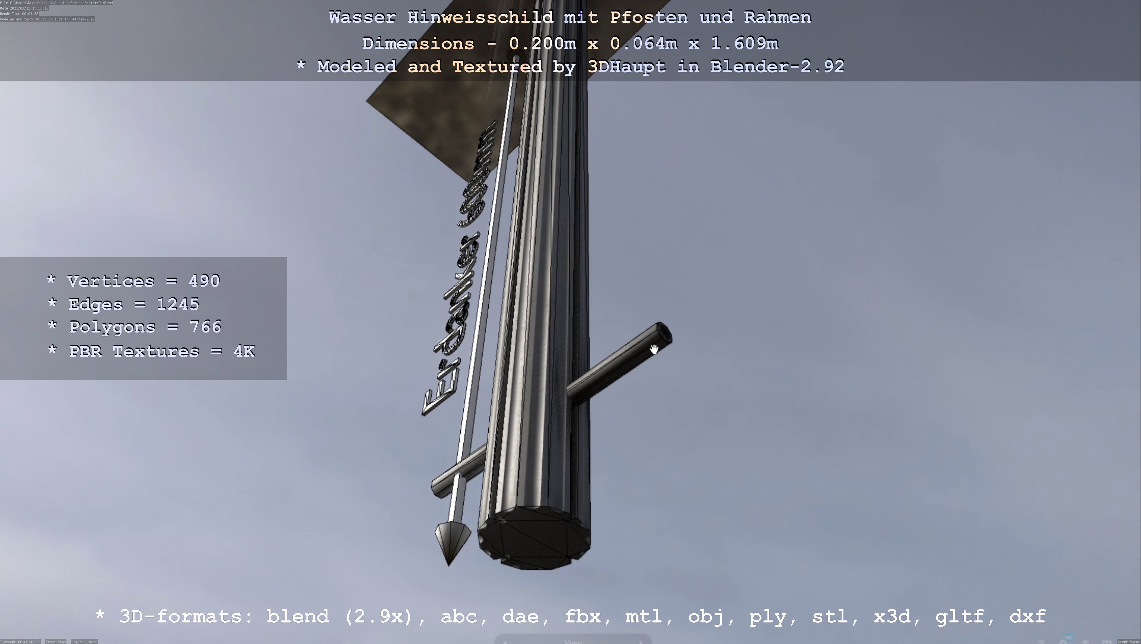 Hinweisschild Wasser mit Pfosten und Rahmen Low-poly 3D model_119