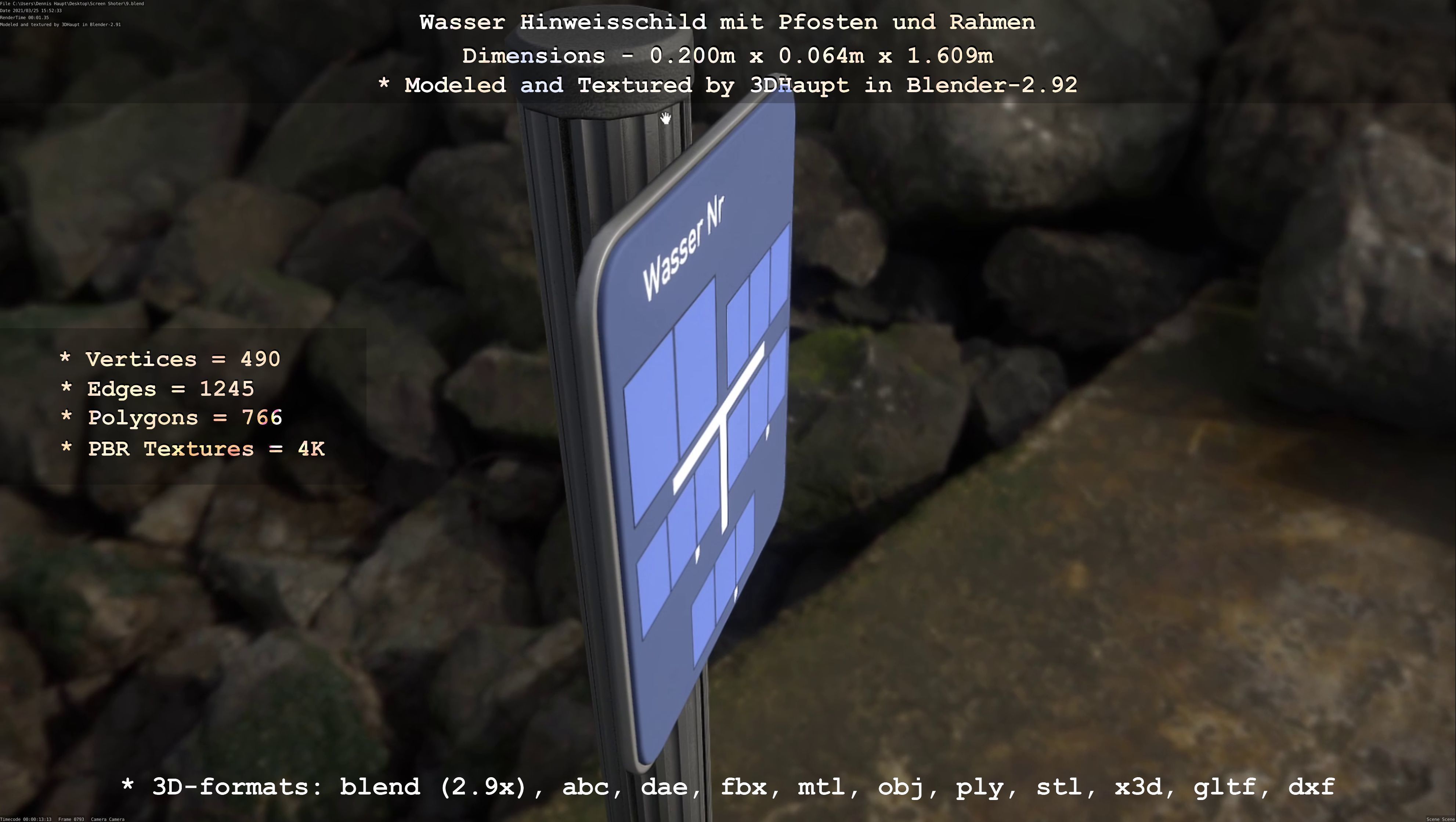 Hinweisschild Wasser mit Pfosten und Rahmen Low-poly 3D model_54