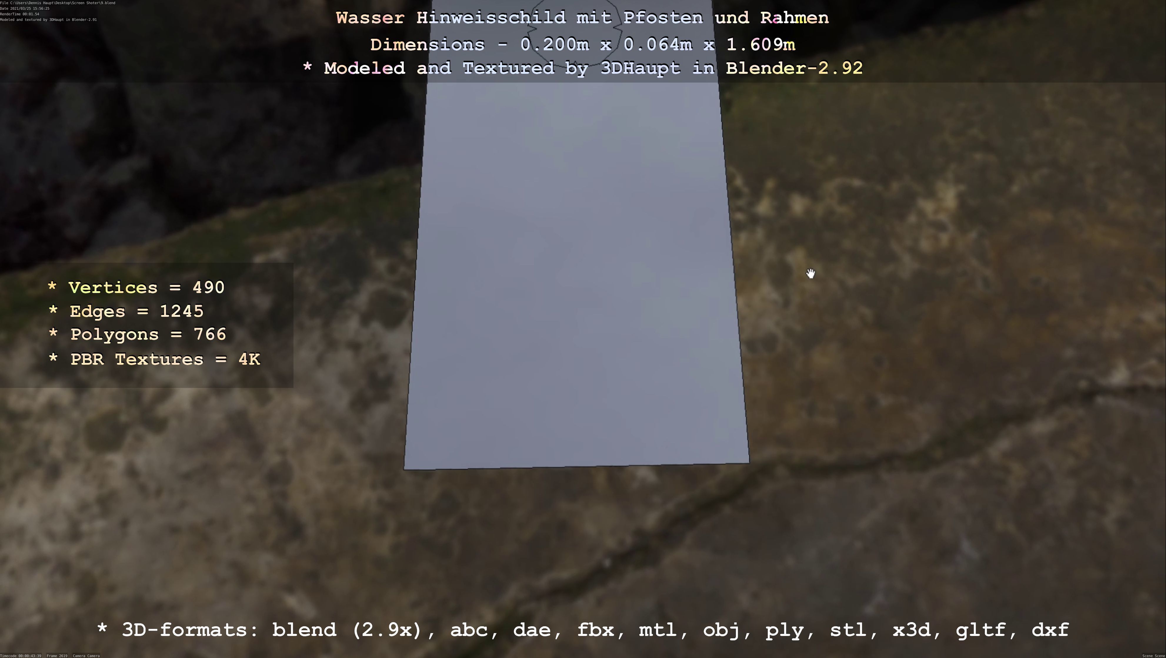 Hinweisschild Wasser mit Pfosten und Rahmen Low-poly 3D model_120