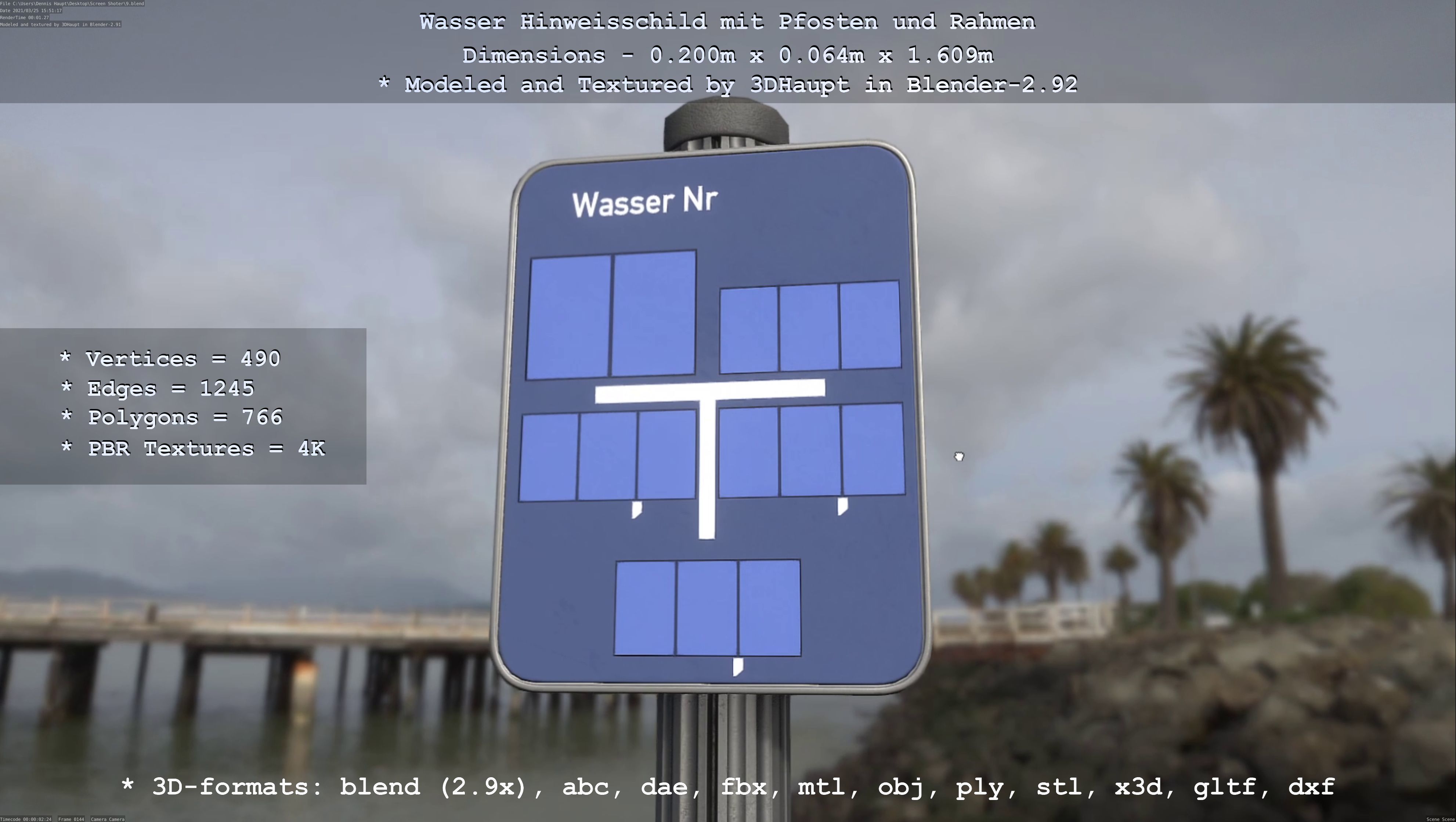 Hinweisschild Wasser mit Pfosten und Rahmen Low-poly 3D model_30