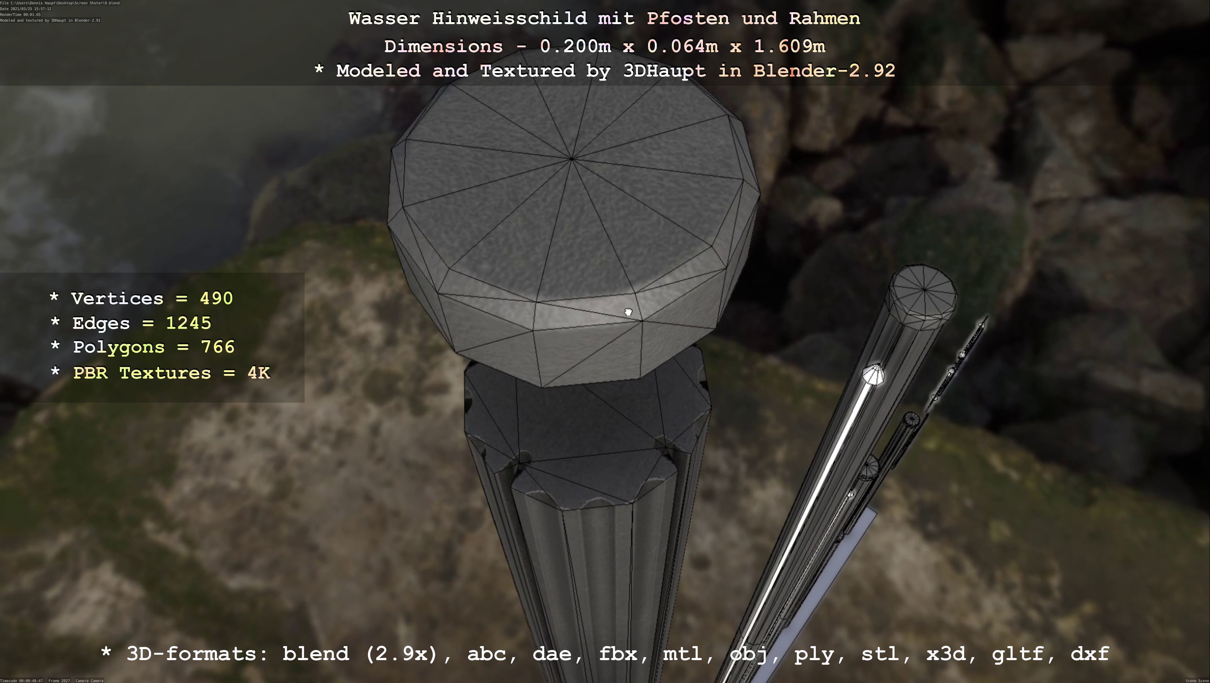 Hinweisschild Wasser mit Pfosten und Rahmen Low-poly 3D model_134