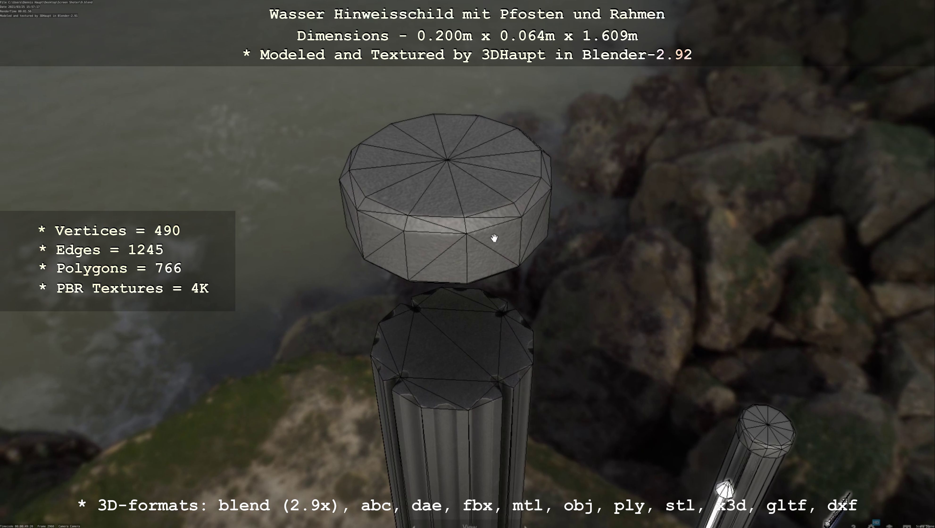 Hinweisschild Wasser mit Pfosten und Rahmen Low-poly 3D model_20