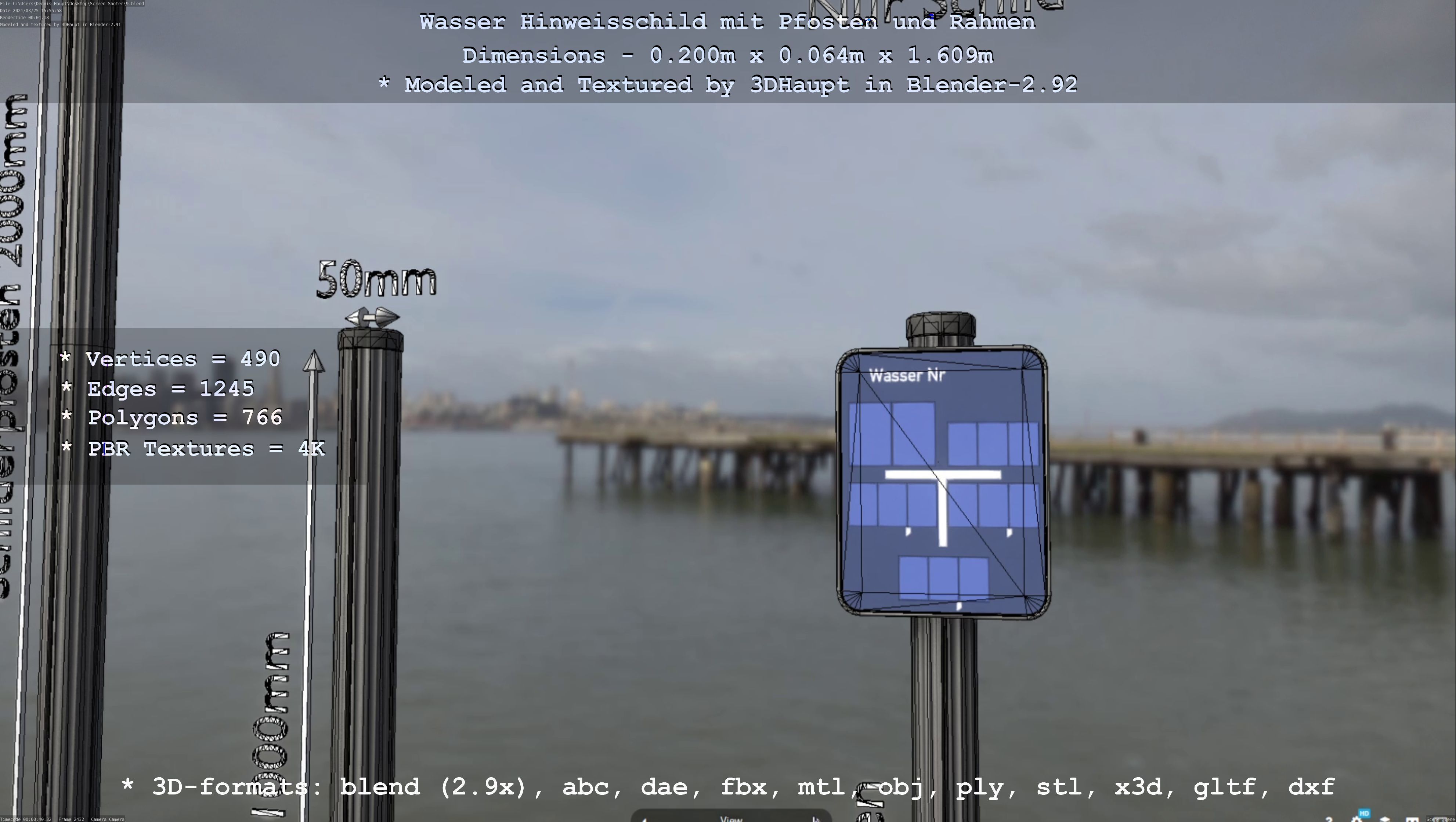 Hinweisschild Wasser mit Pfosten und Rahmen Low-poly 3D model_18