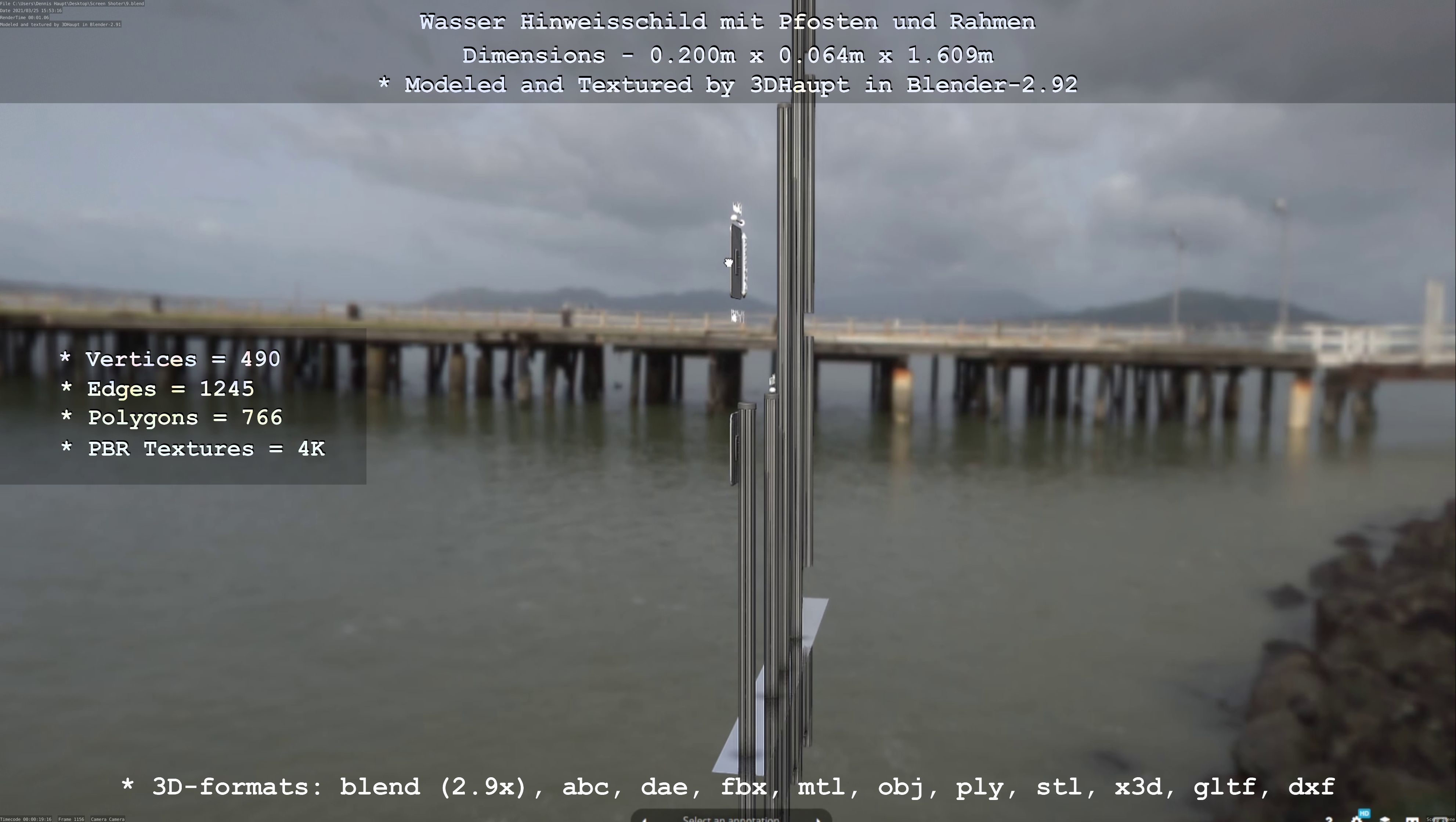 Hinweisschild Wasser mit Pfosten und Rahmen Low-poly 3D model_66