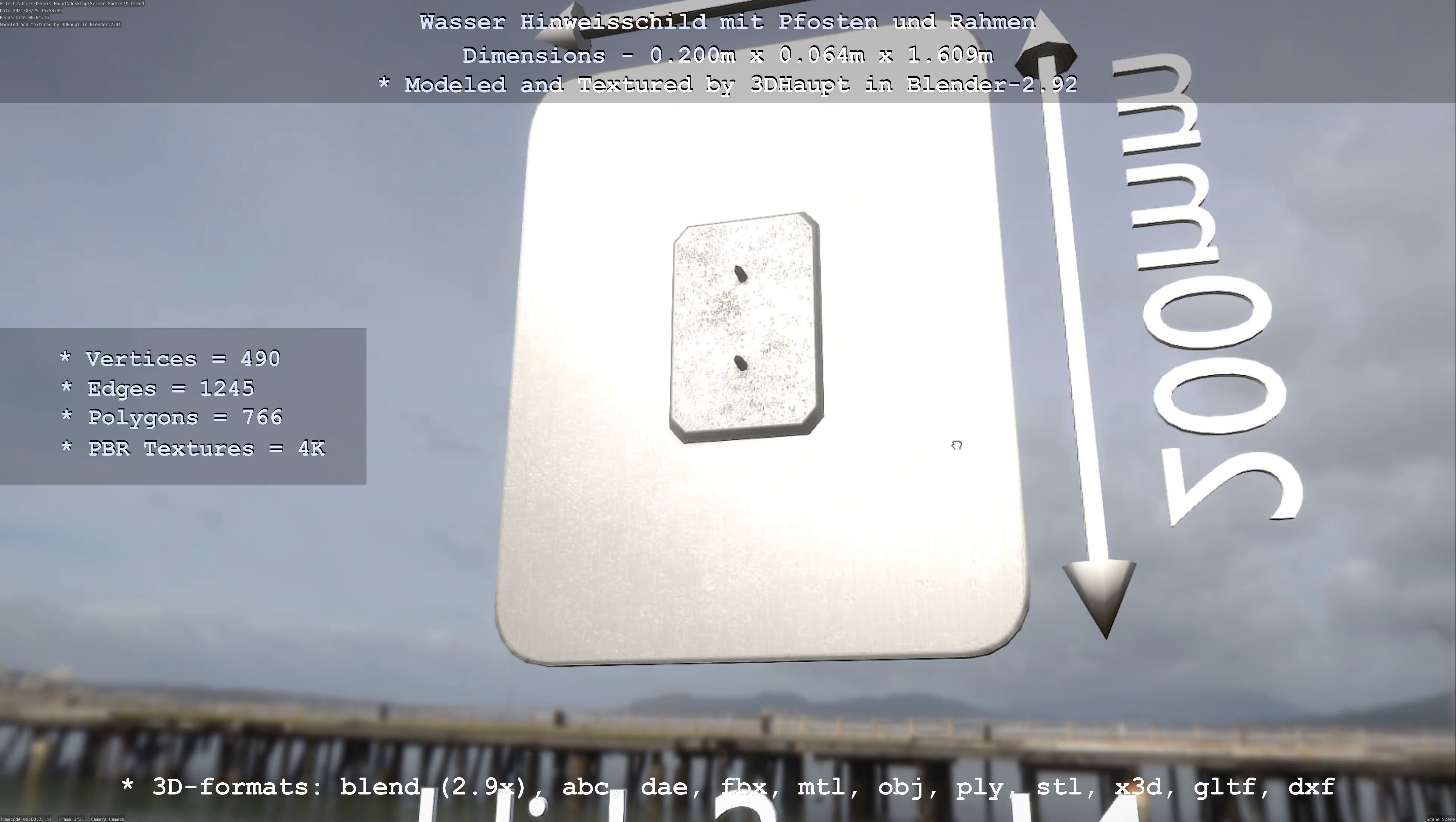 Hinweisschild Wasser mit Pfosten und Rahmen Low-poly 3D model_78