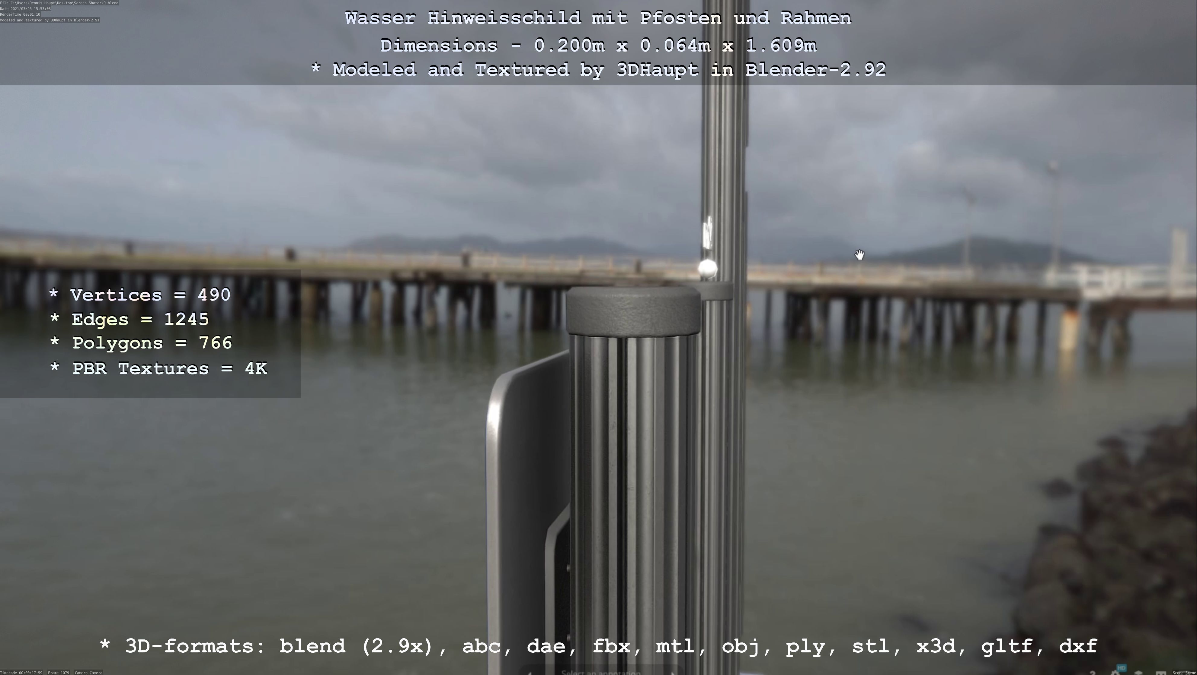 Hinweisschild Wasser mit Pfosten und Rahmen Low-poly 3D model_65