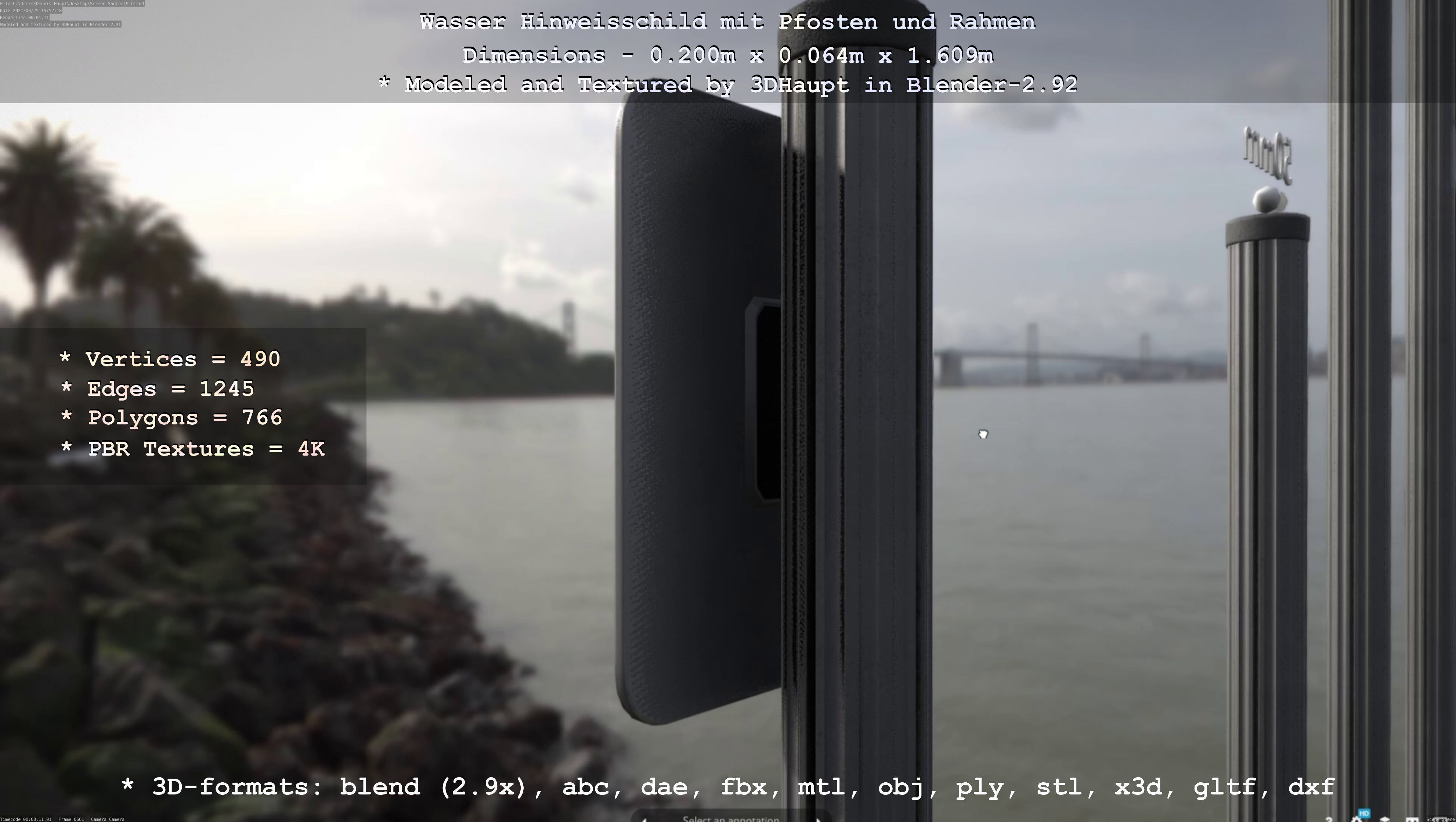 Hinweisschild Wasser mit Pfosten und Rahmen Low-poly 3D model_35