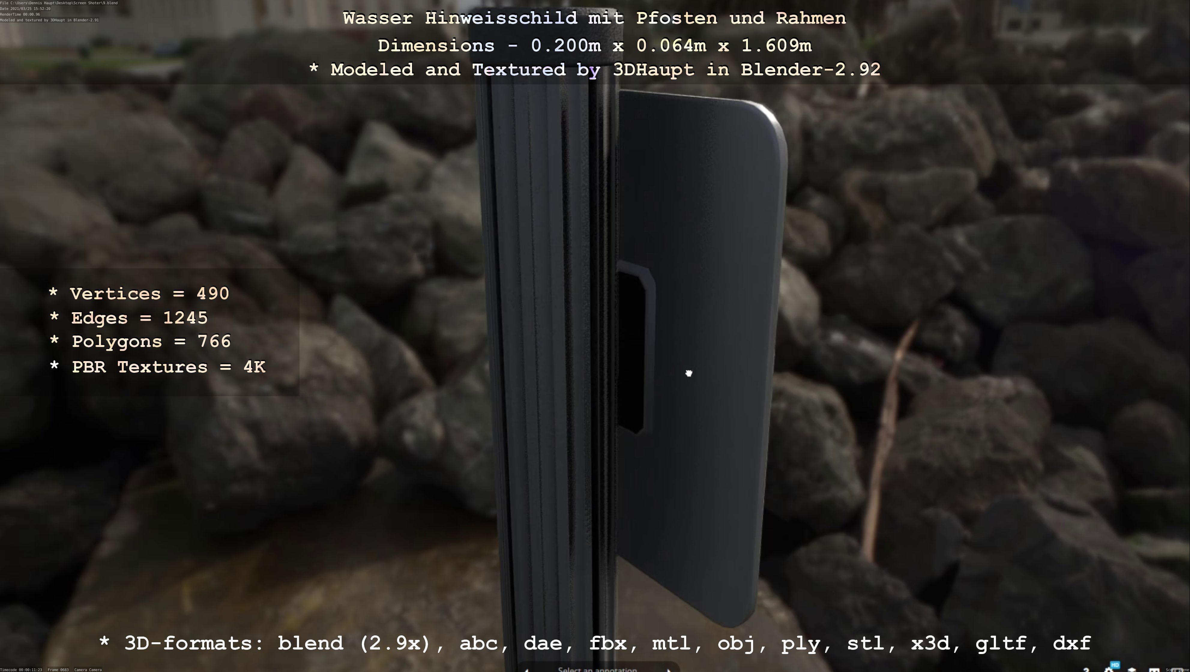 Hinweisschild Wasser mit Pfosten und Rahmen Low-poly 3D model_51