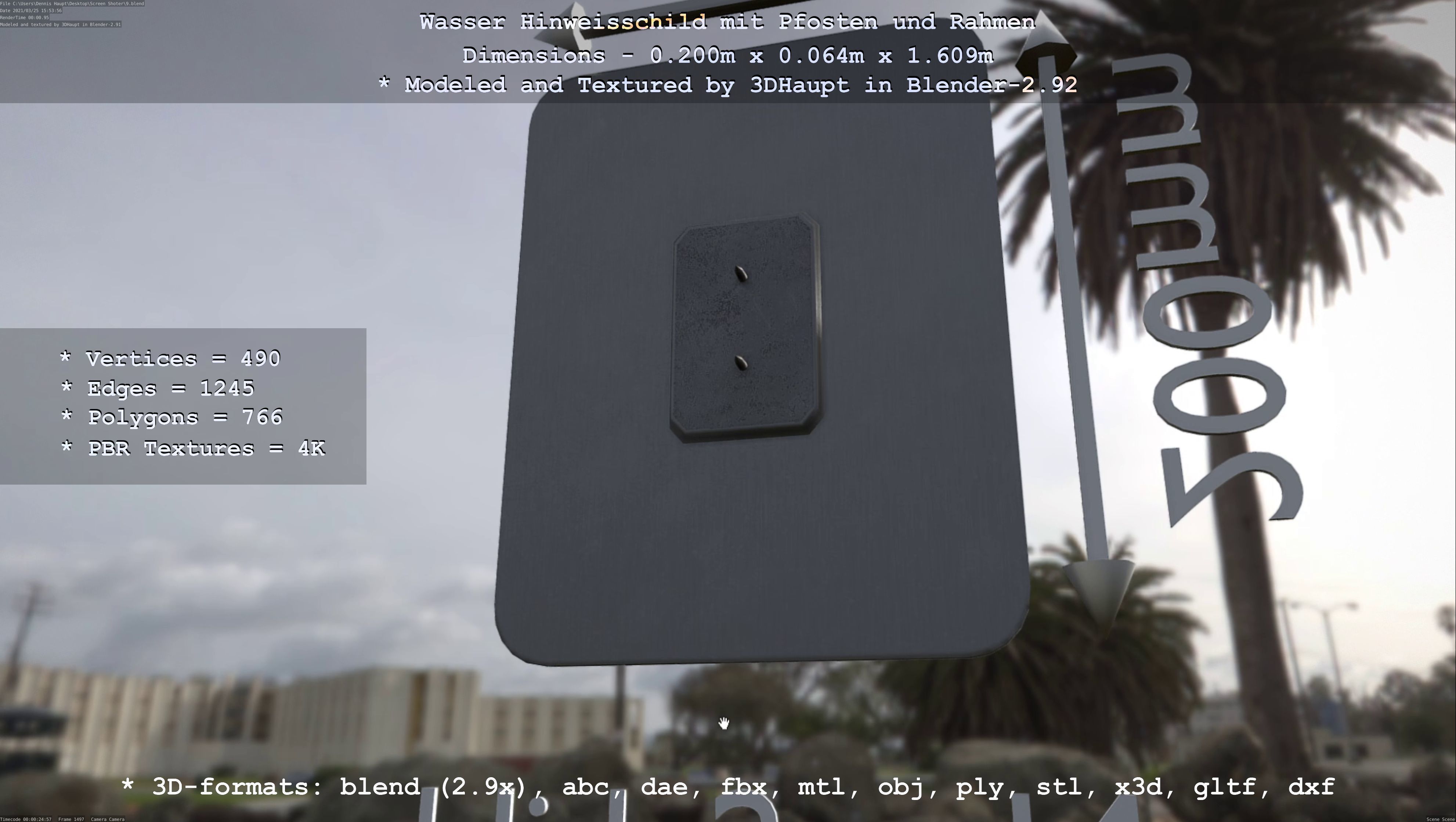 Hinweisschild Wasser mit Pfosten und Rahmen Low-poly 3D model_80