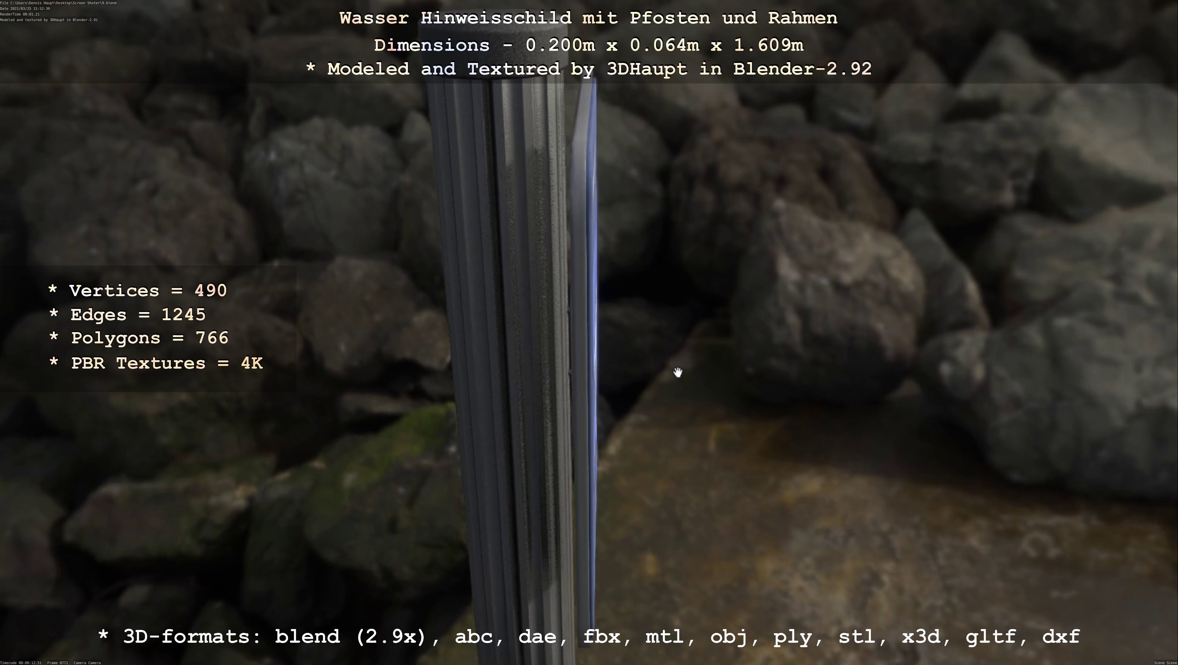 Hinweisschild Wasser mit Pfosten und Rahmen Low-poly 3D model_52