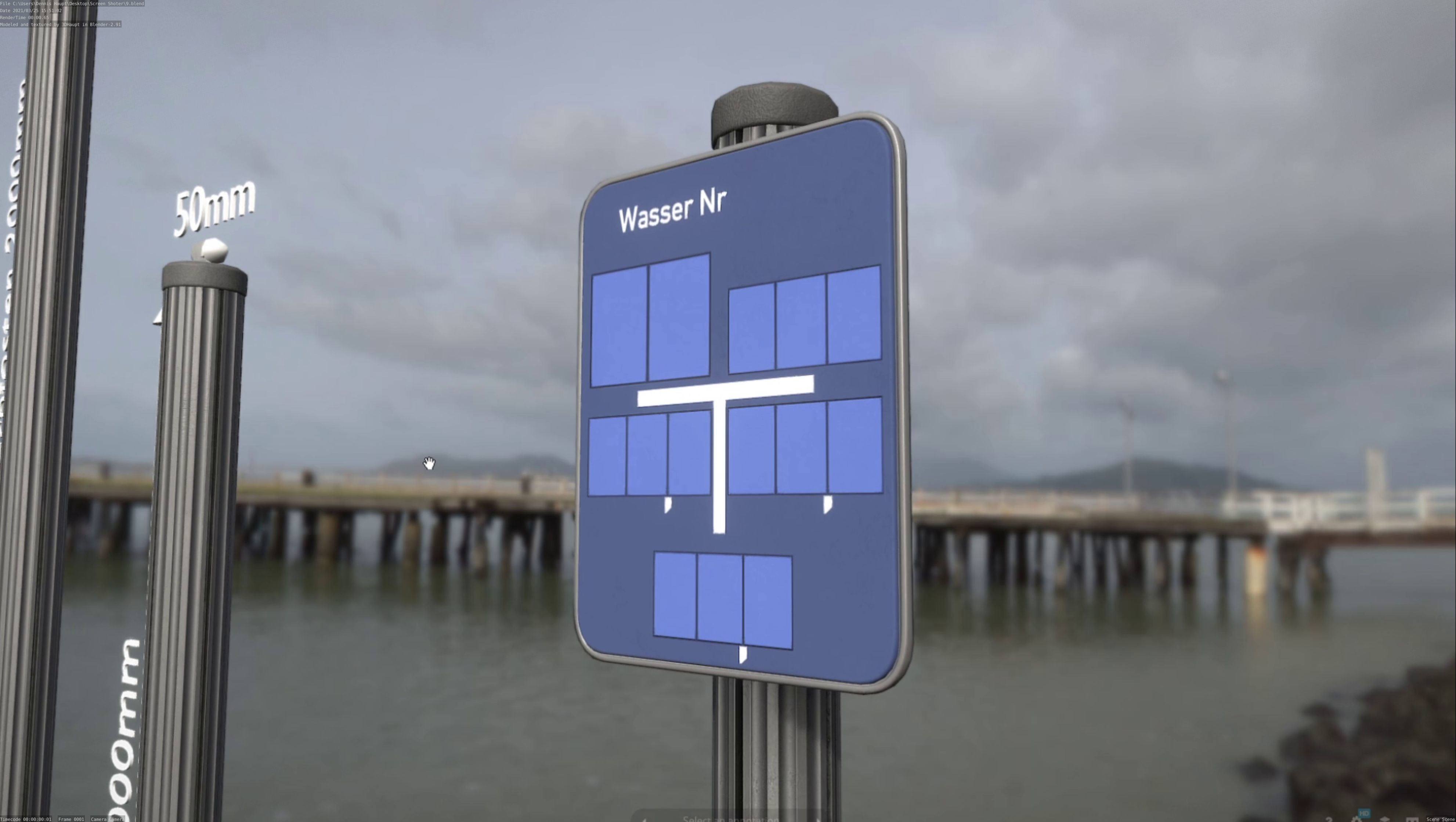 Hinweisschild Wasser mit Pfosten und Rahmen Low-poly 3D model_49