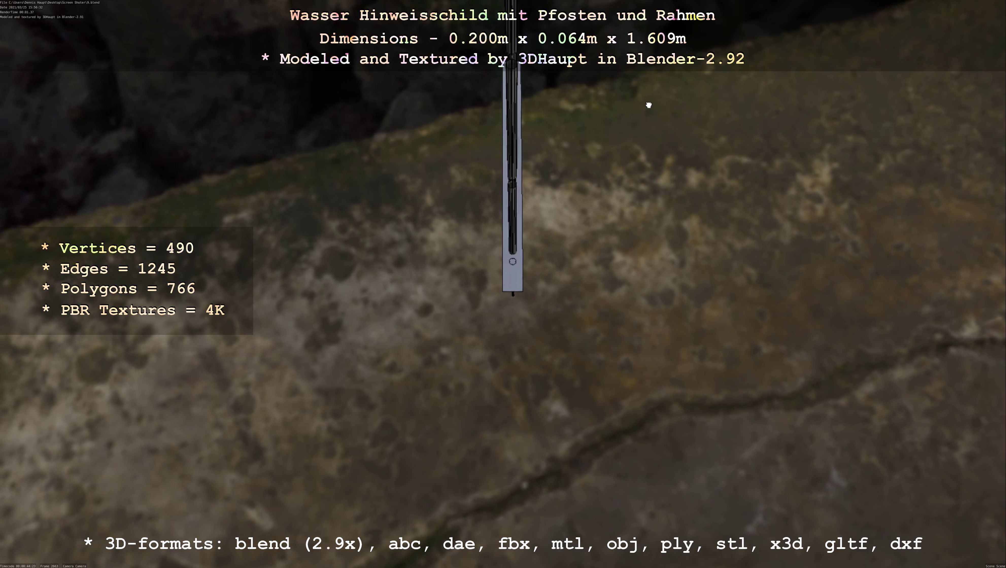 Hinweisschild Wasser mit Pfosten und Rahmen Low-poly 3D model_124