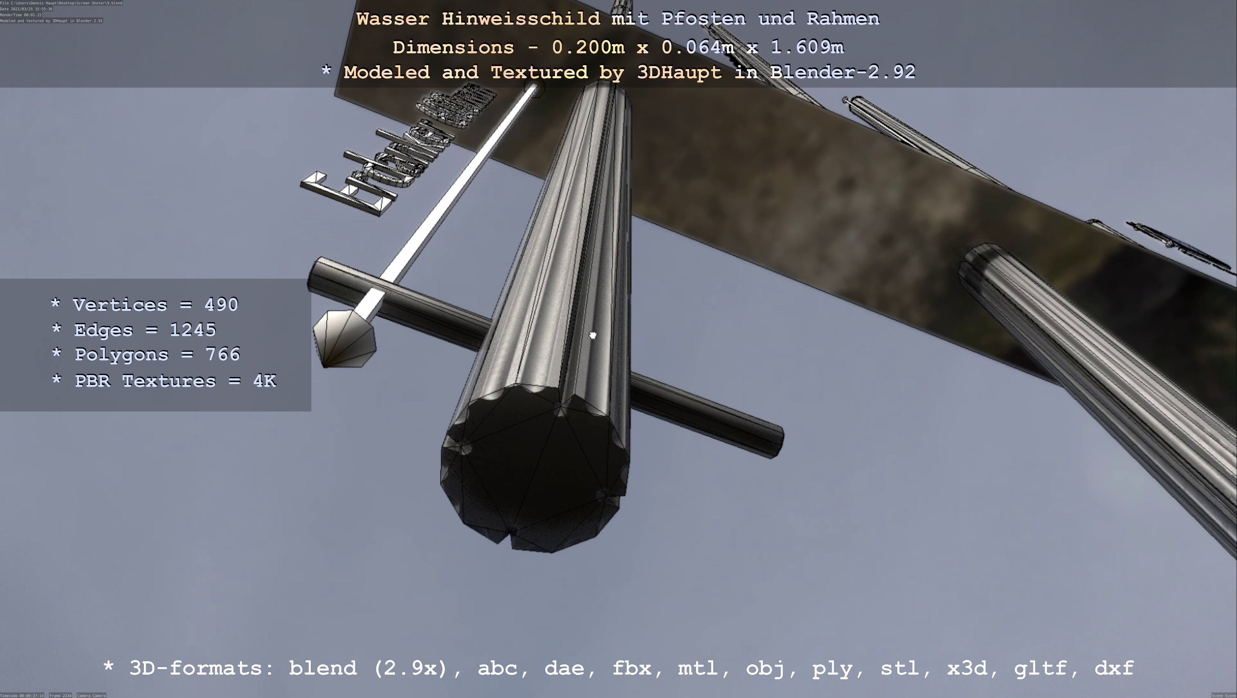 Hinweisschild Wasser mit Pfosten und Rahmen Low-poly 3D model_107