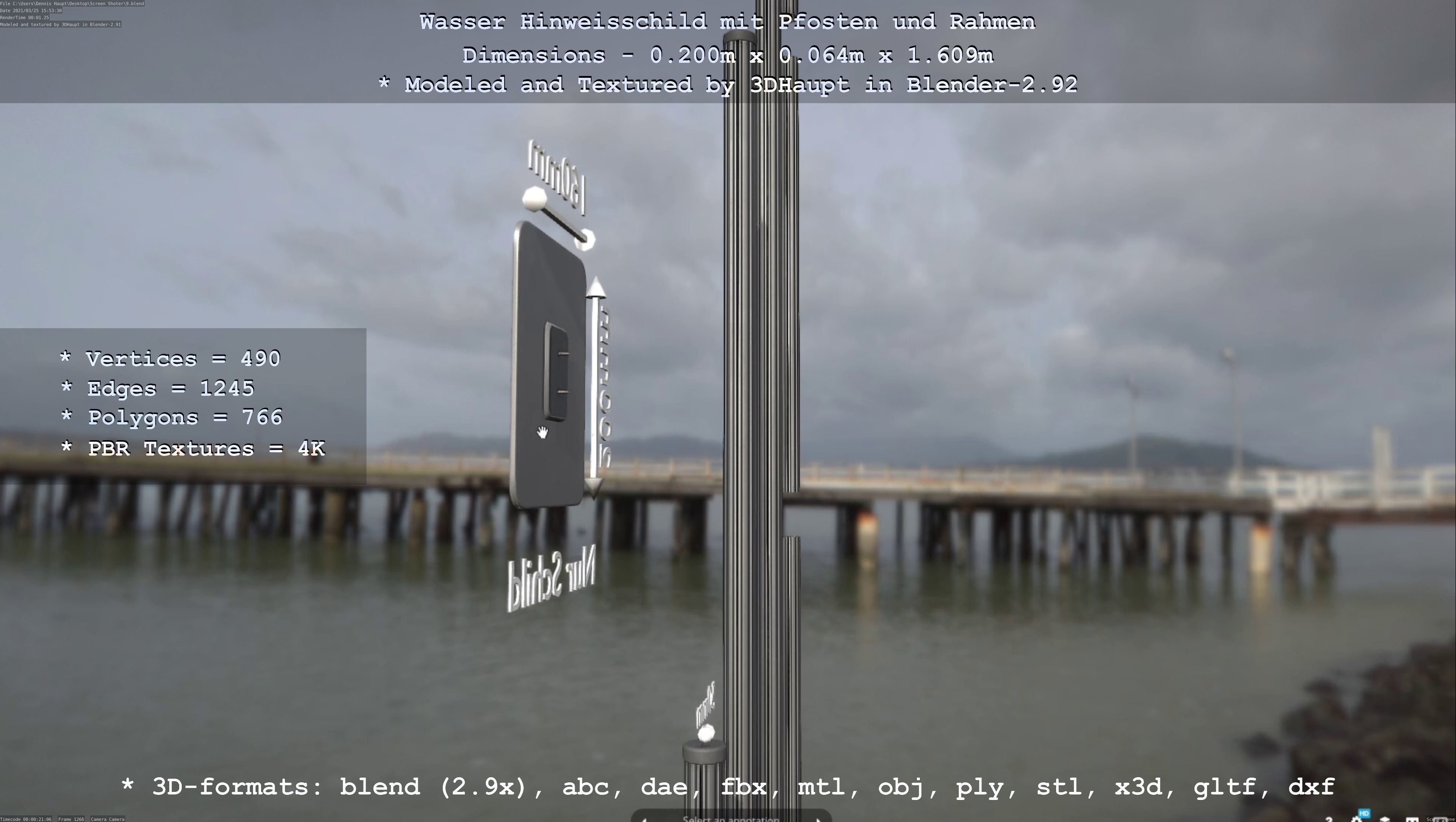 Hinweisschild Wasser mit Pfosten und Rahmen Low-poly 3D model_70