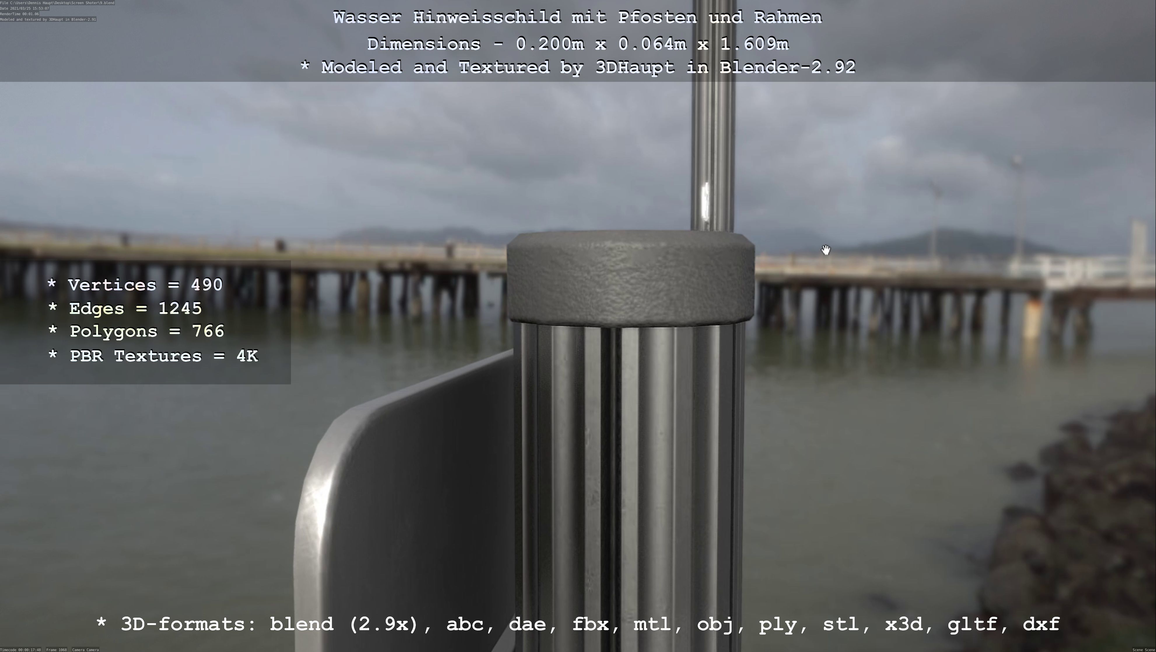 Hinweisschild Wasser mit Pfosten und Rahmen Low-poly 3D model_6