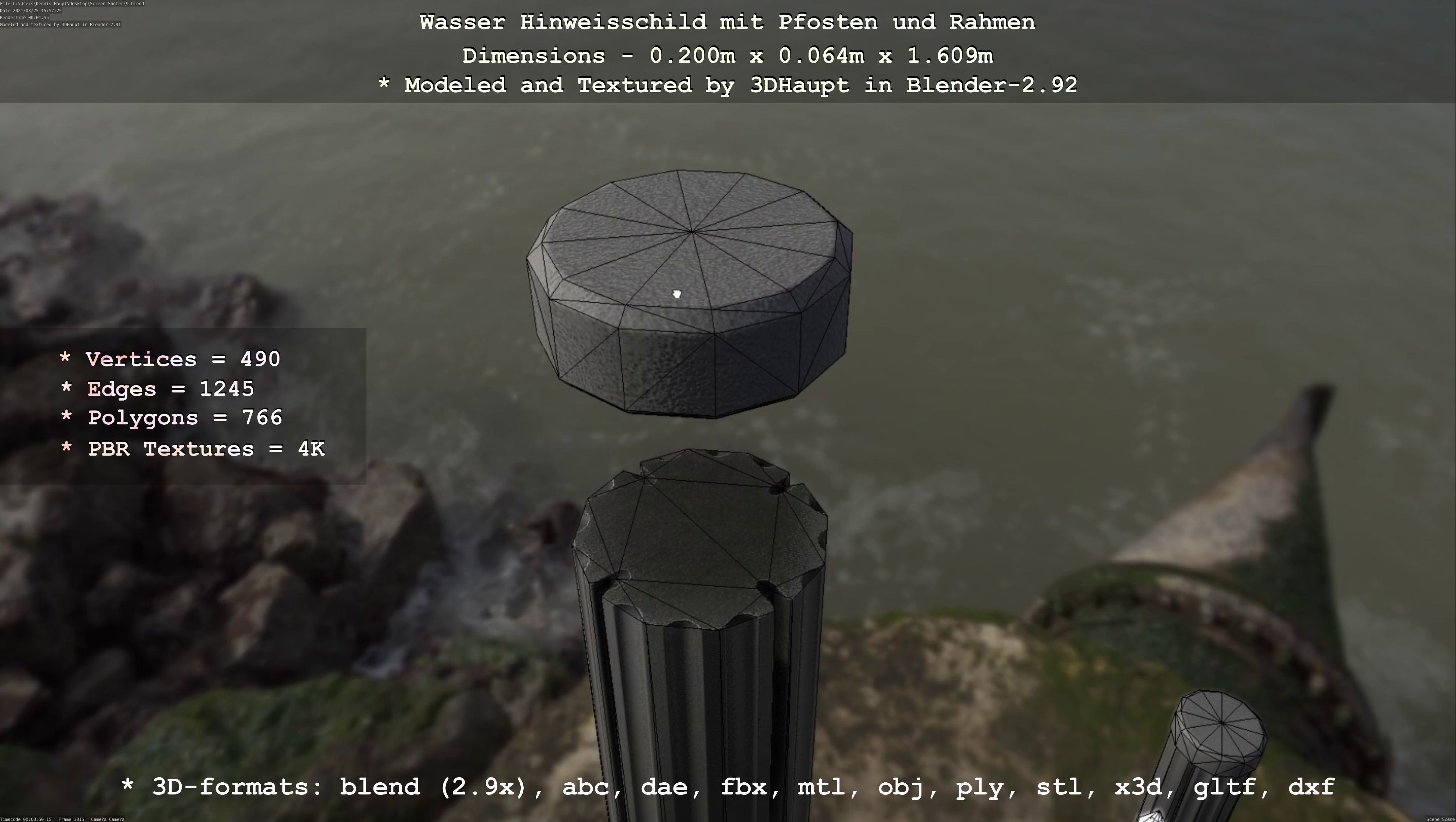 Hinweisschild Wasser mit Pfosten und Rahmen Low-poly 3D model_21