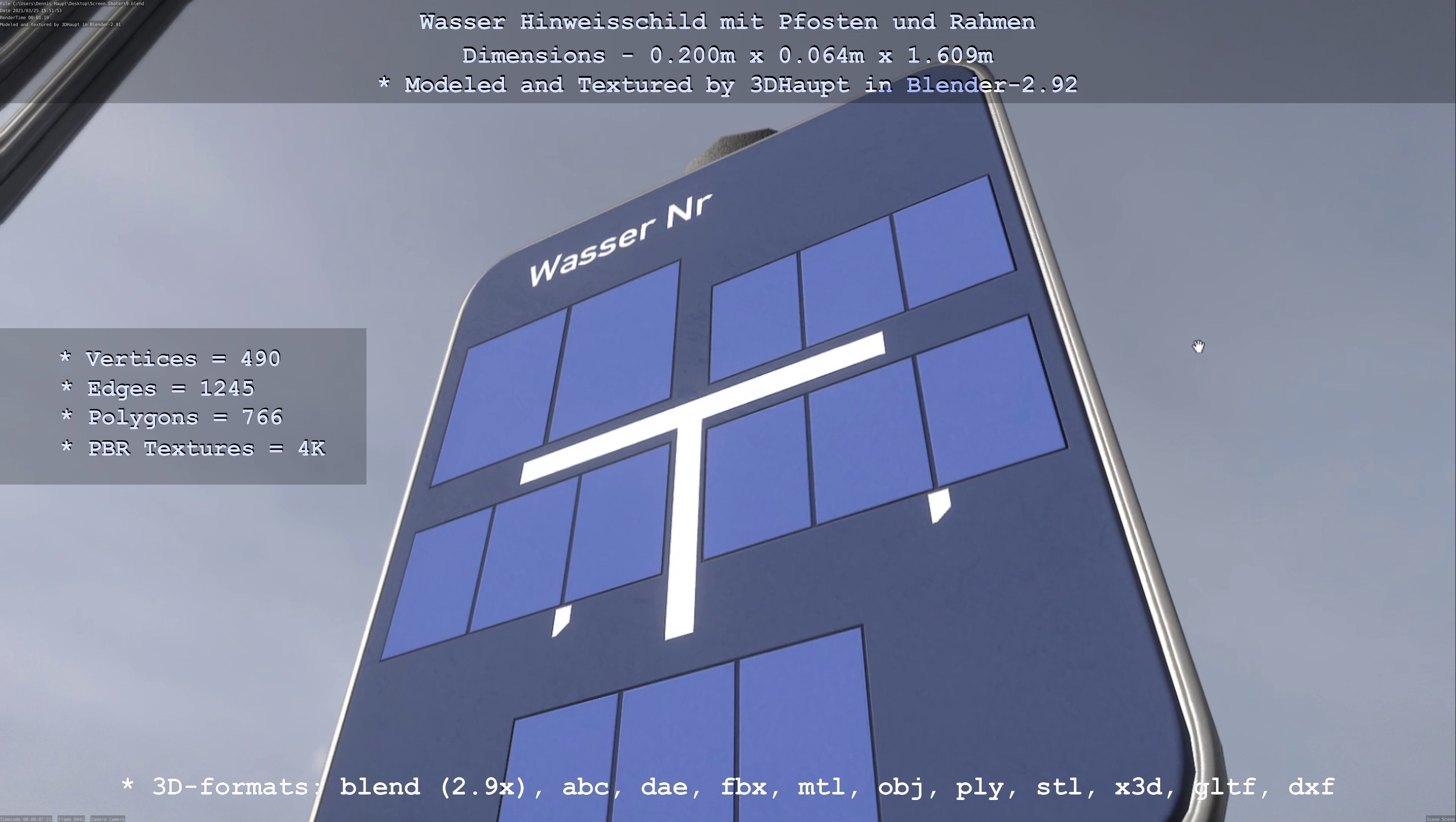 Hinweisschild Wasser mit Pfosten und Rahmen Low-poly 3D model_41