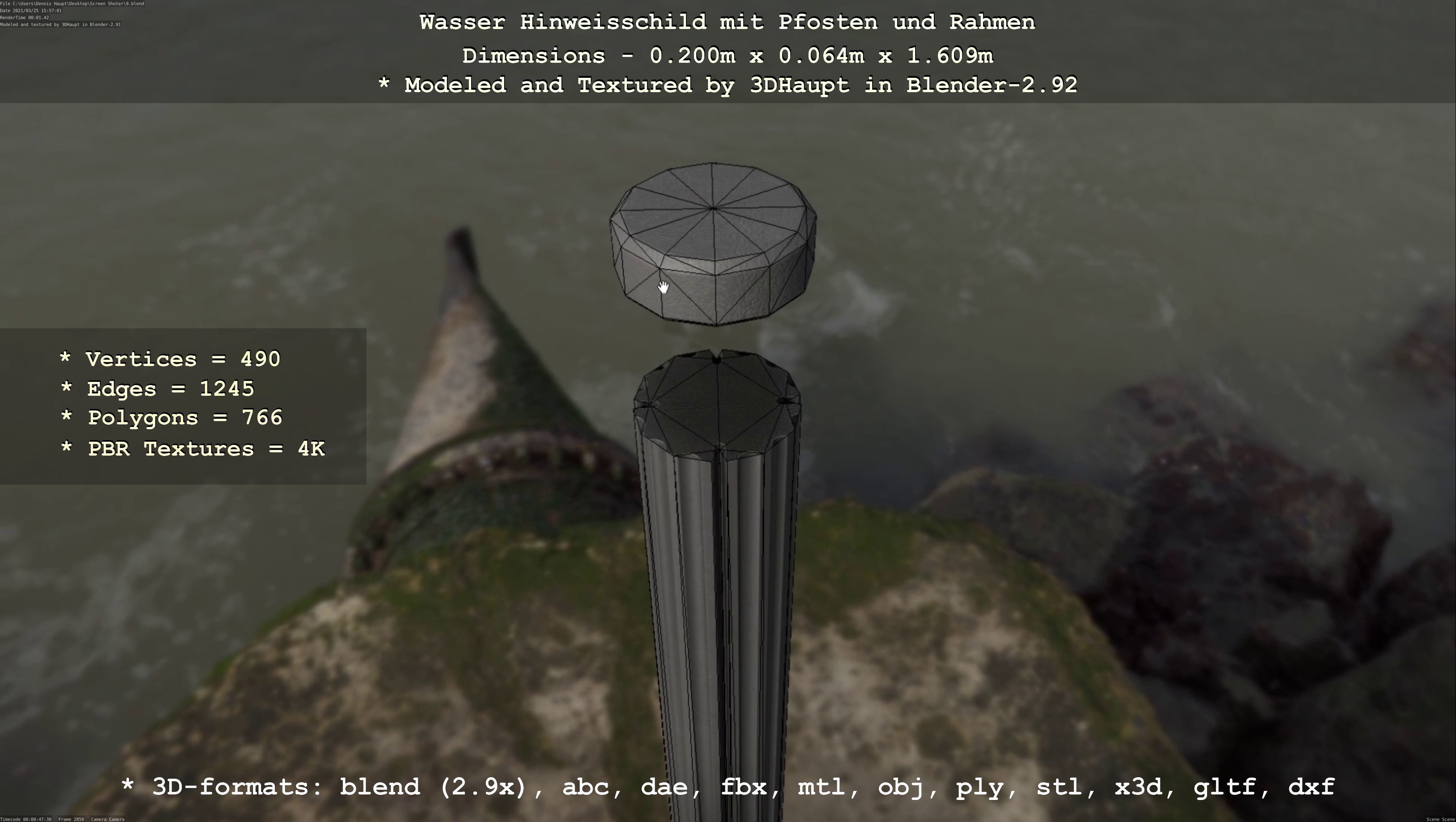 Hinweisschild Wasser mit Pfosten und Rahmen Low-poly 3D model_130