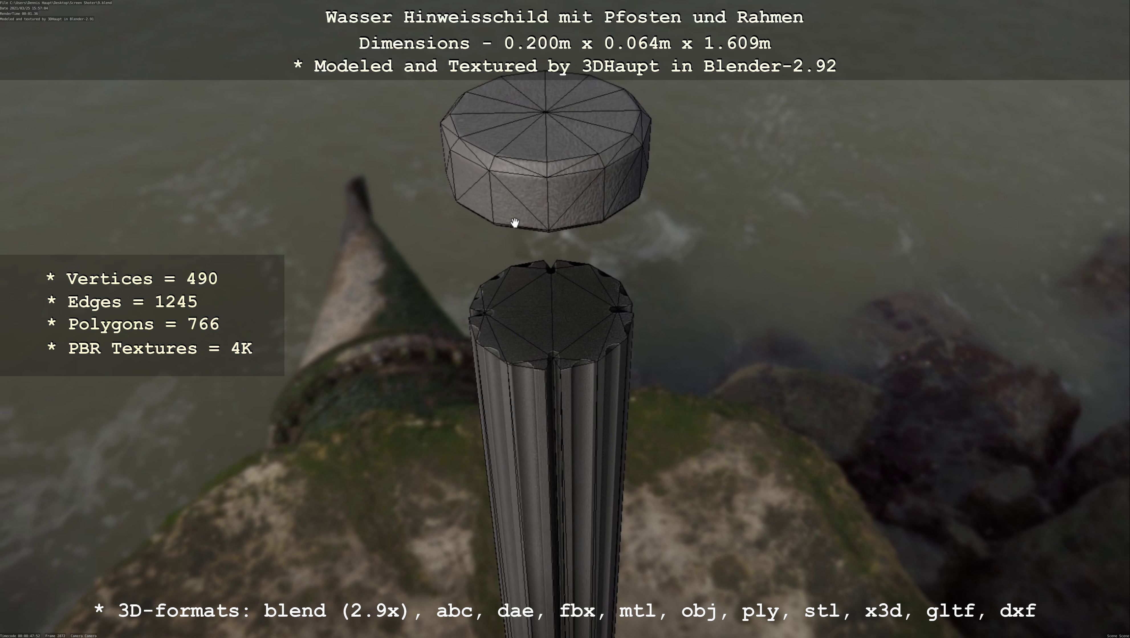 Hinweisschild Wasser mit Pfosten und Rahmen Low-poly 3D model_132