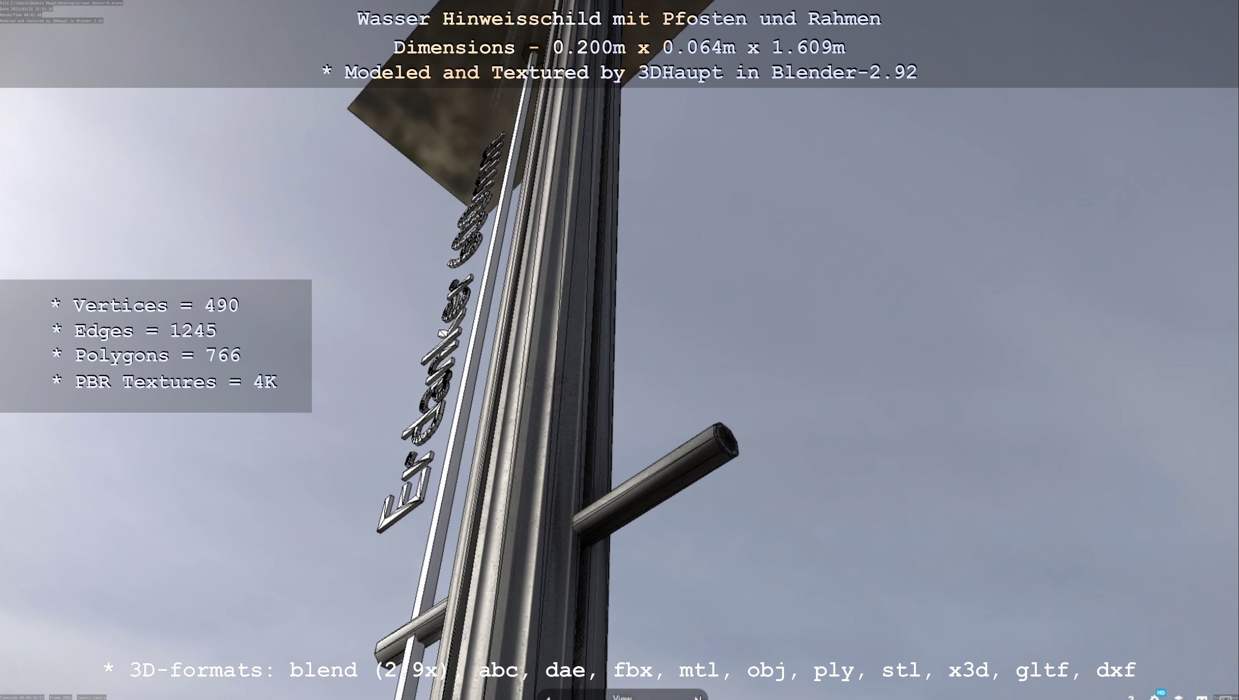 Hinweisschild Wasser mit Pfosten und Rahmen Low-poly 3D model_105