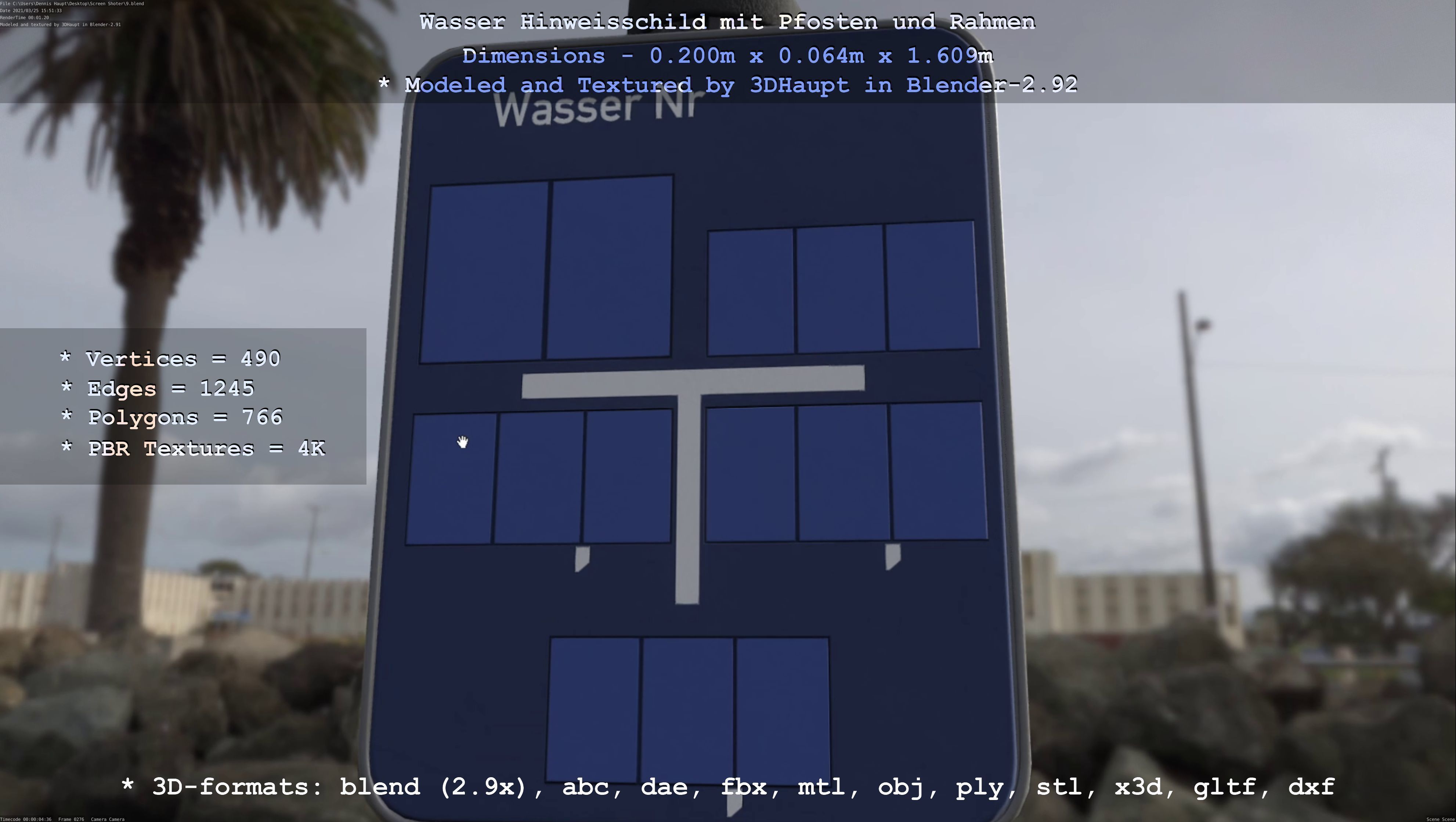 Hinweisschild Wasser mit Pfosten und Rahmen Low-poly 3D model_2