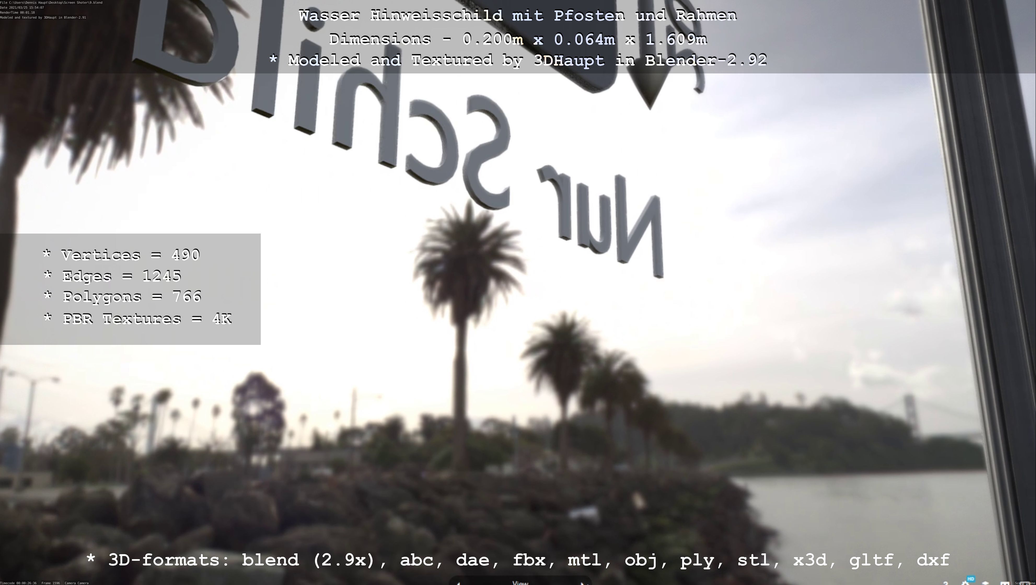 Hinweisschild Wasser mit Pfosten und Rahmen Low-poly 3D model_84