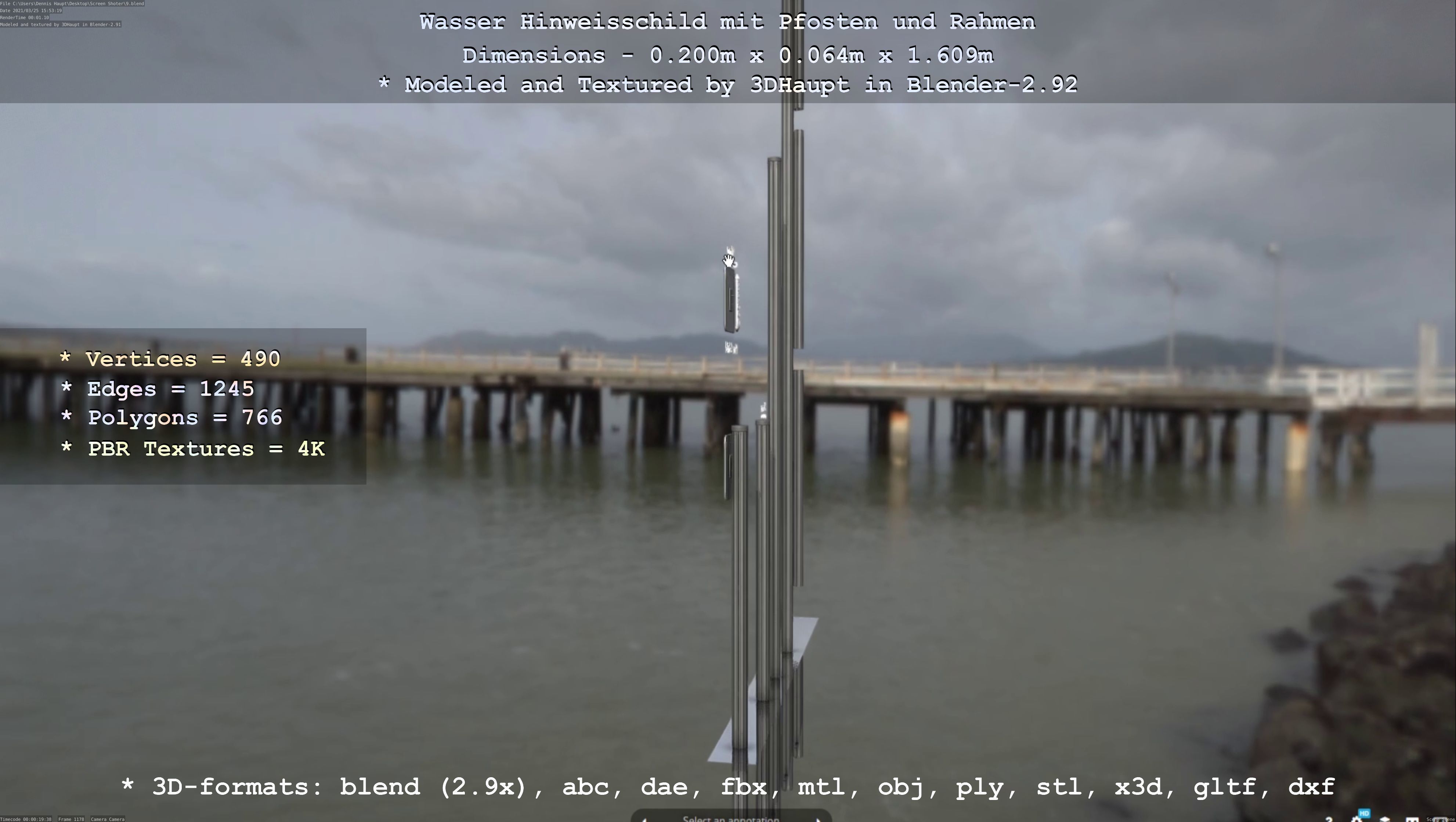 Hinweisschild Wasser mit Pfosten und Rahmen Low-poly 3D model_68