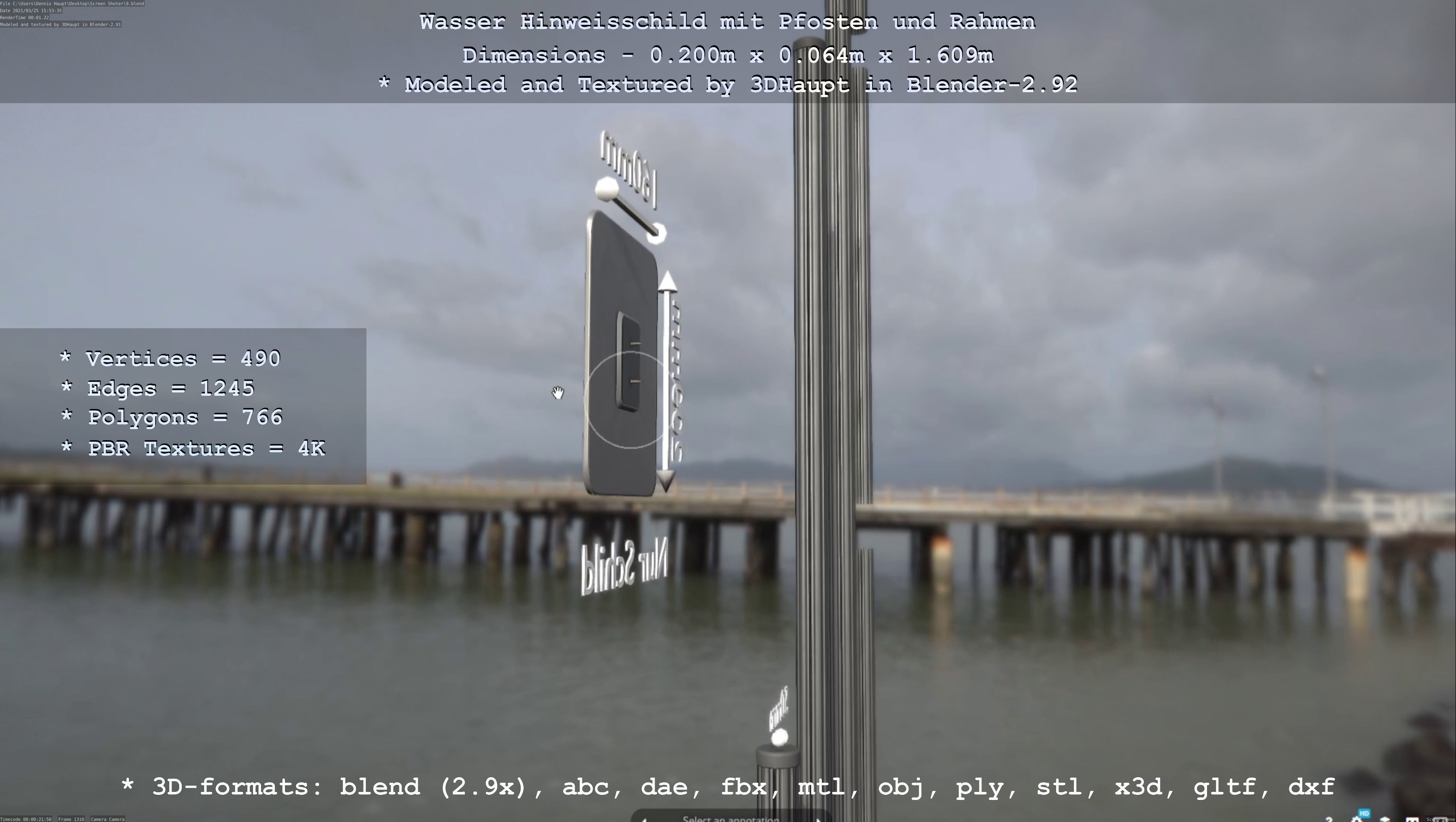 Hinweisschild Wasser mit Pfosten und Rahmen Low-poly 3D model_72