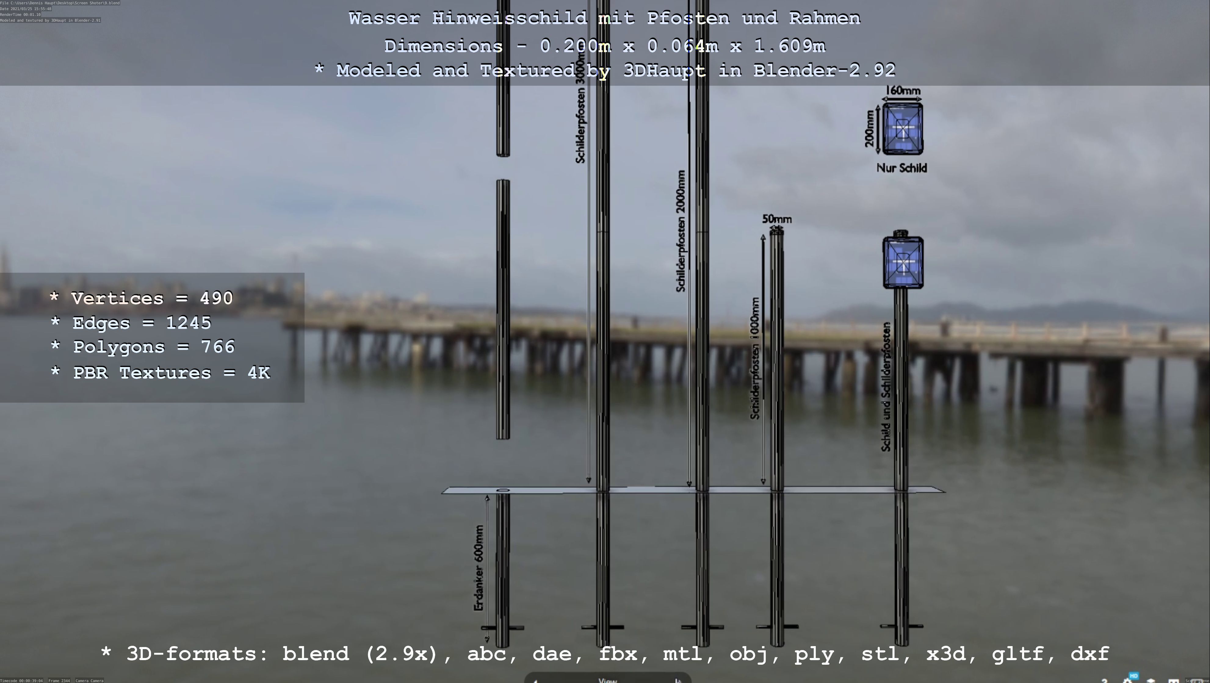 Hinweisschild Wasser mit Pfosten und Rahmen Low-poly 3D model_16