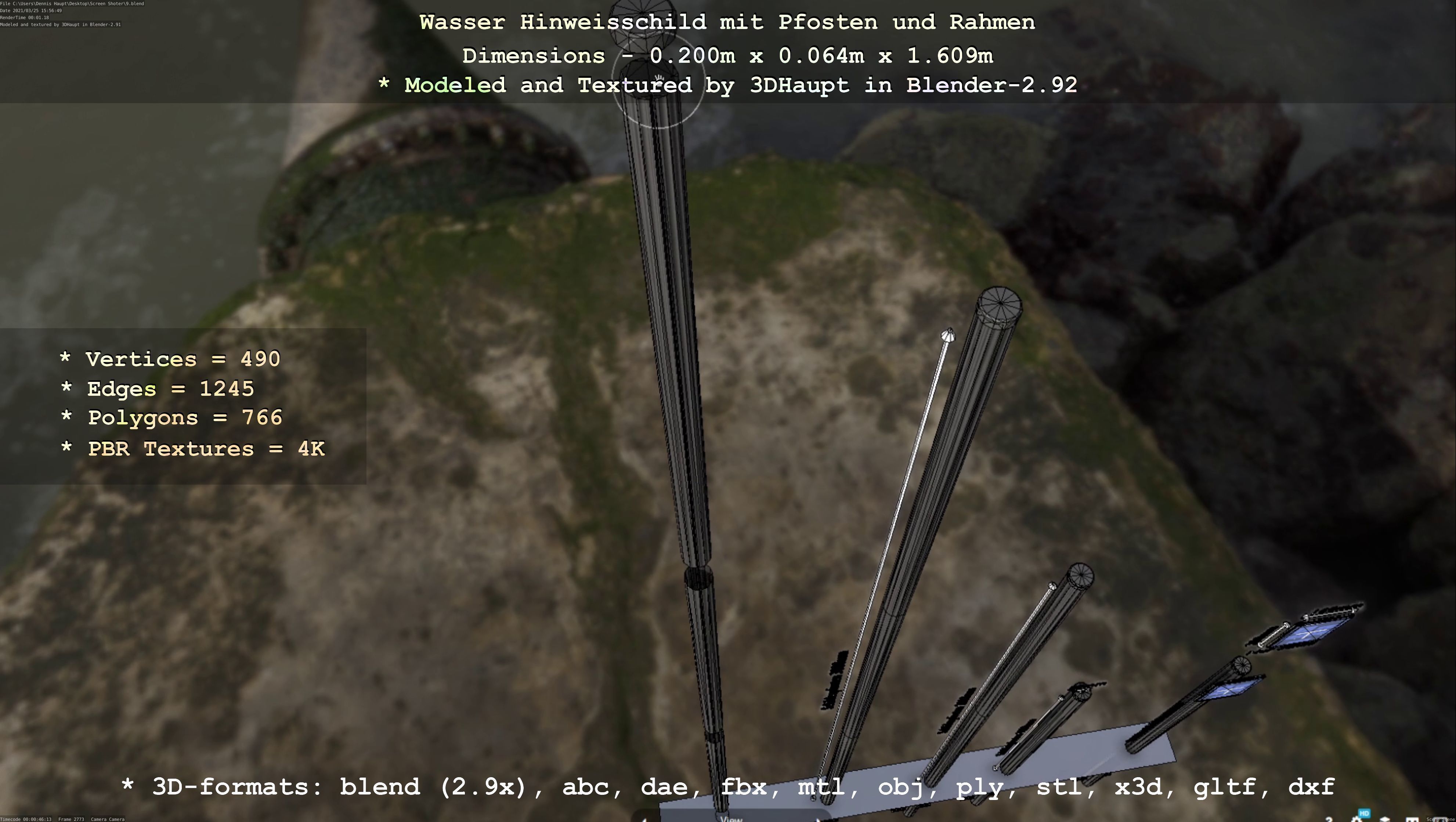 Hinweisschild Wasser mit Pfosten und Rahmen Low-poly 3D model_129