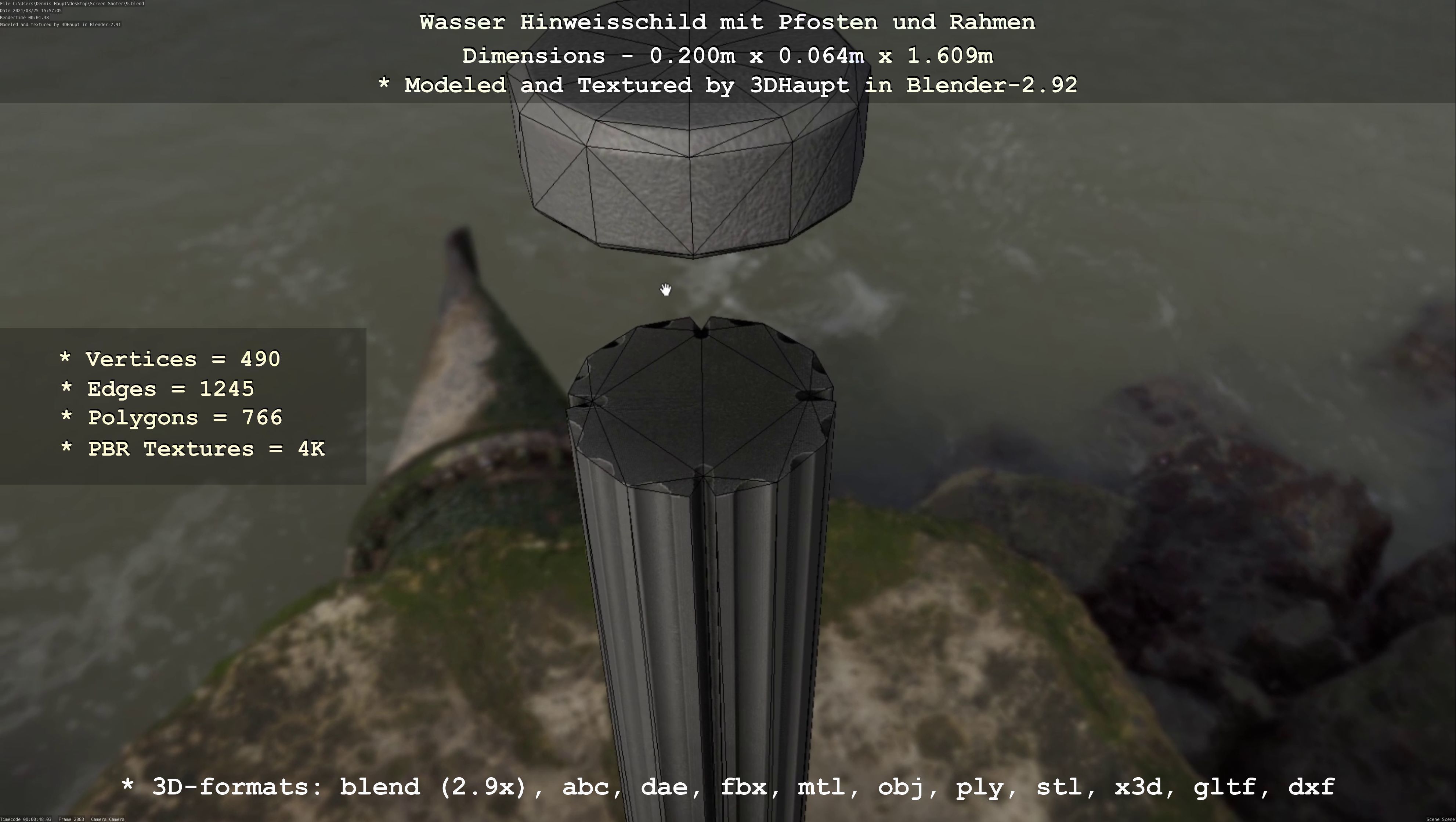 Hinweisschild Wasser mit Pfosten und Rahmen Low-poly 3D model_133