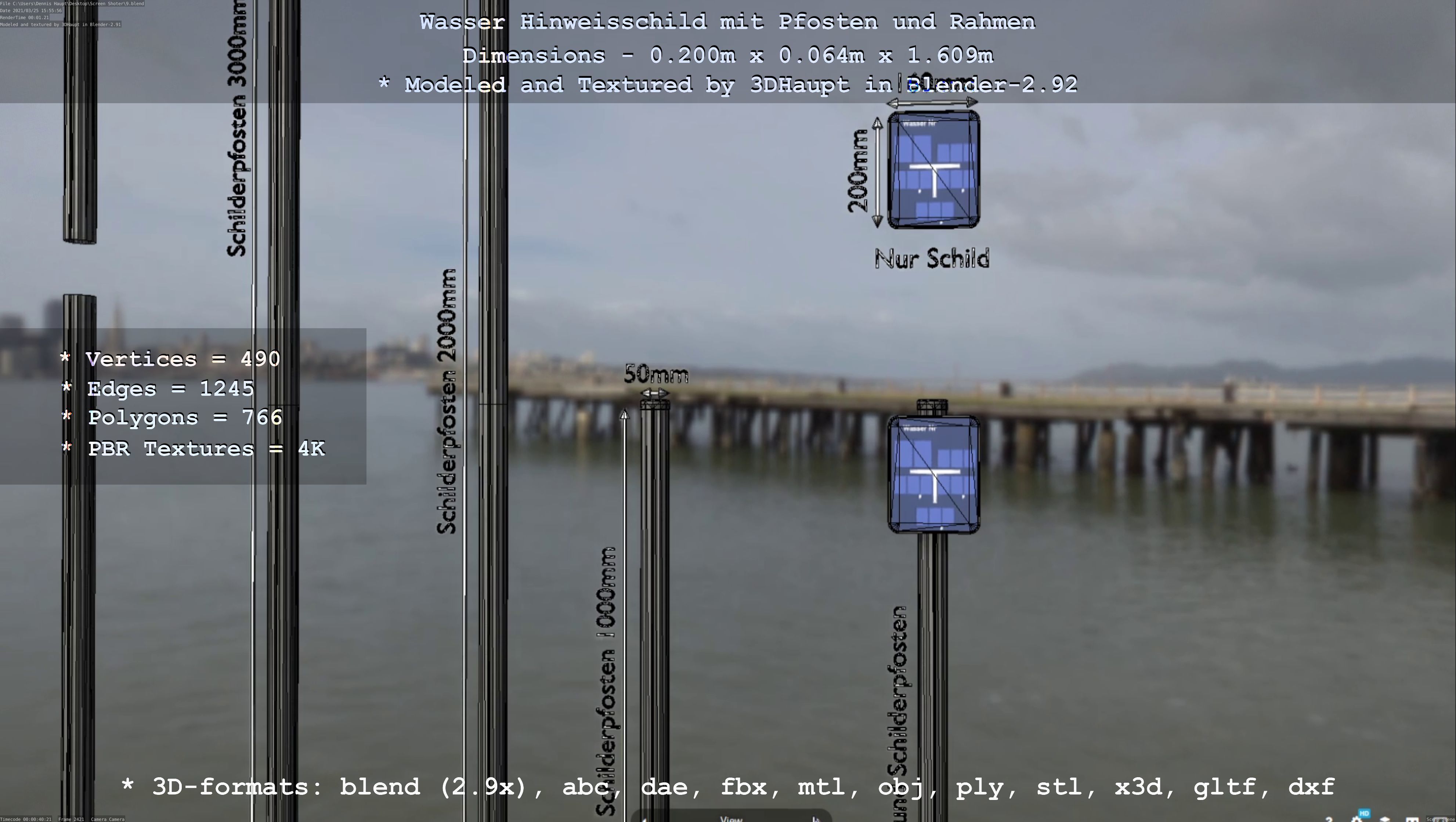 Hinweisschild Wasser mit Pfosten und Rahmen Low-poly 3D model_116