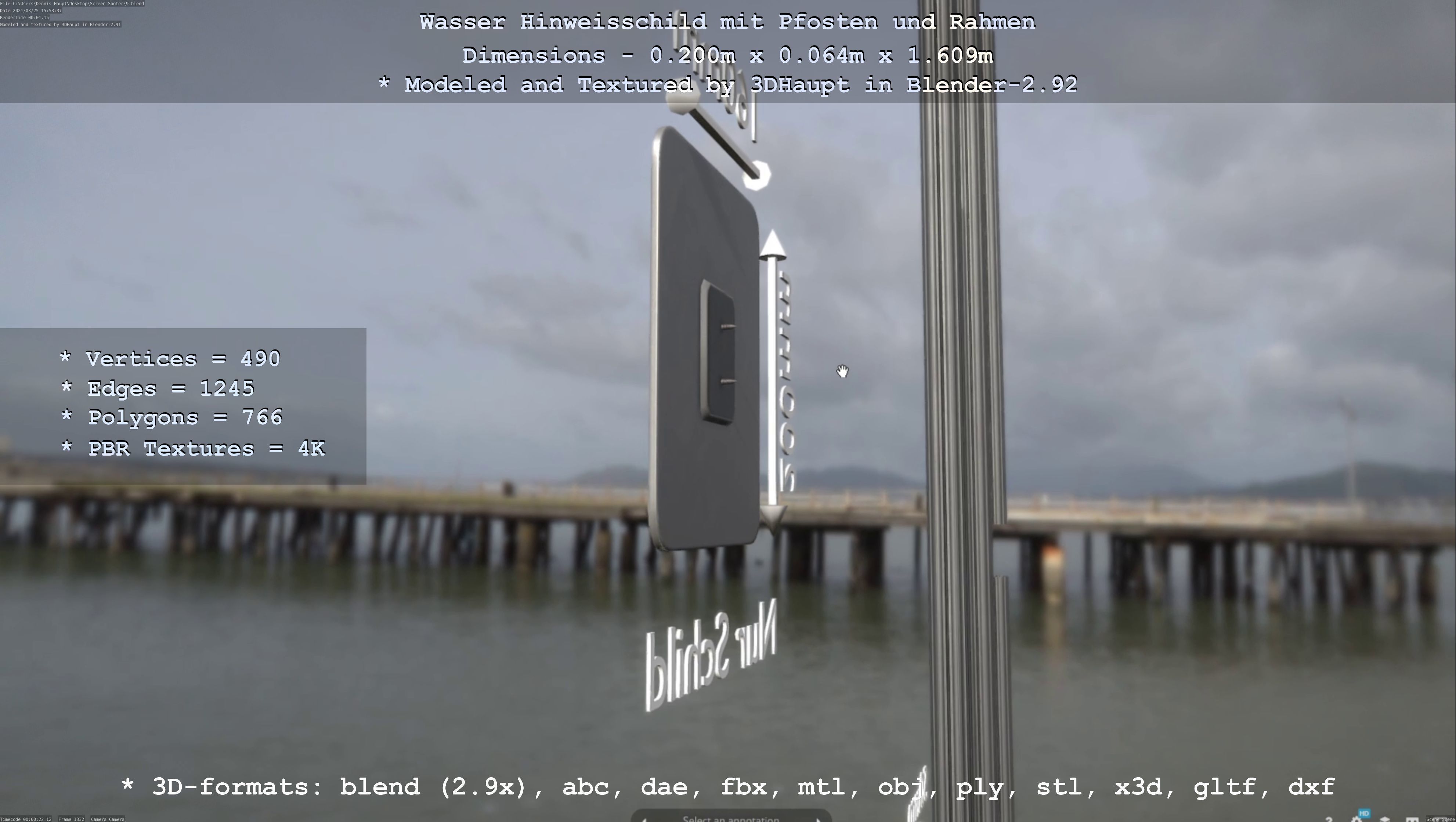 Hinweisschild Wasser mit Pfosten und Rahmen Low-poly 3D model_74