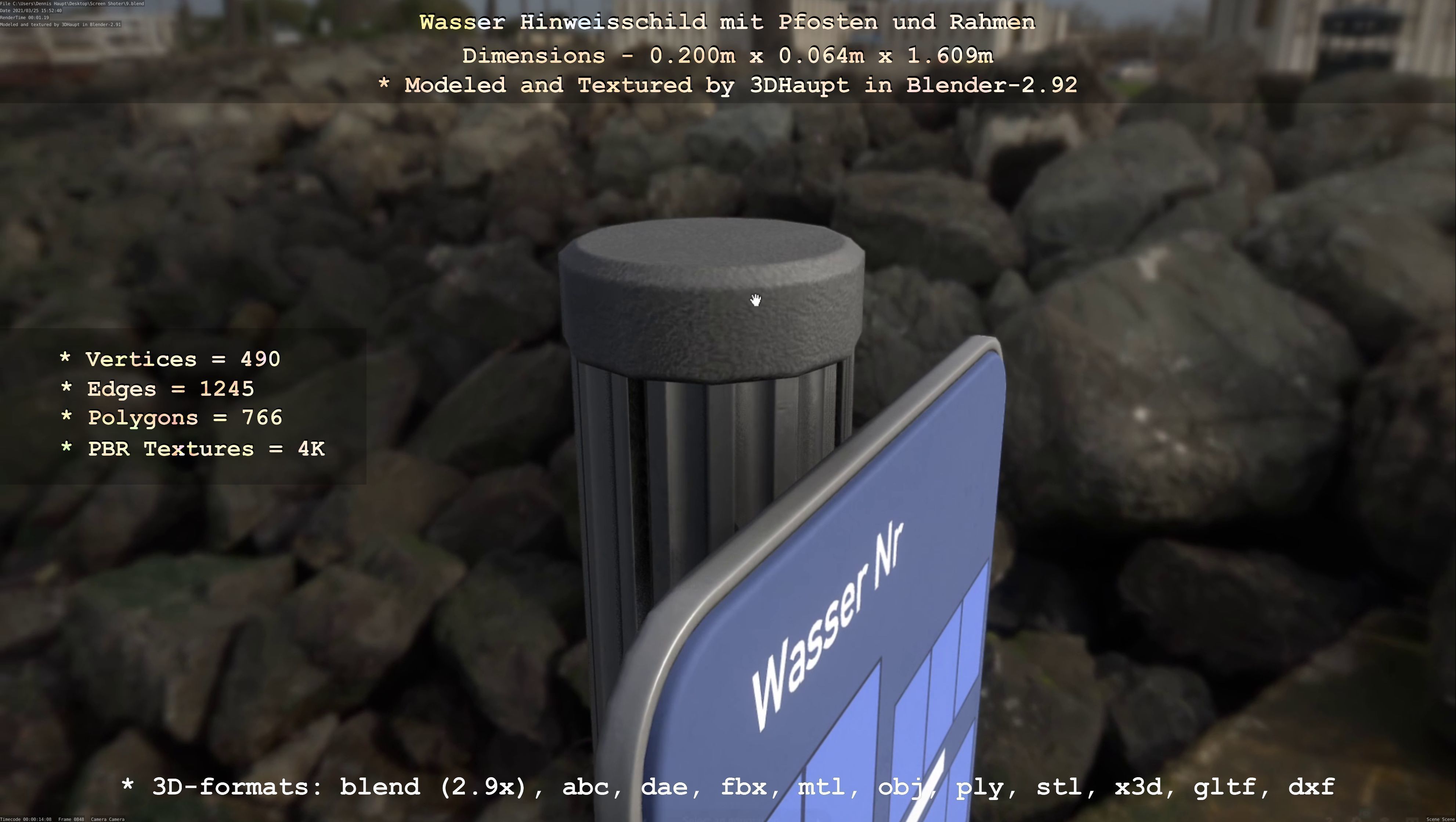Hinweisschild Wasser mit Pfosten und Rahmen Low-poly 3D model_3