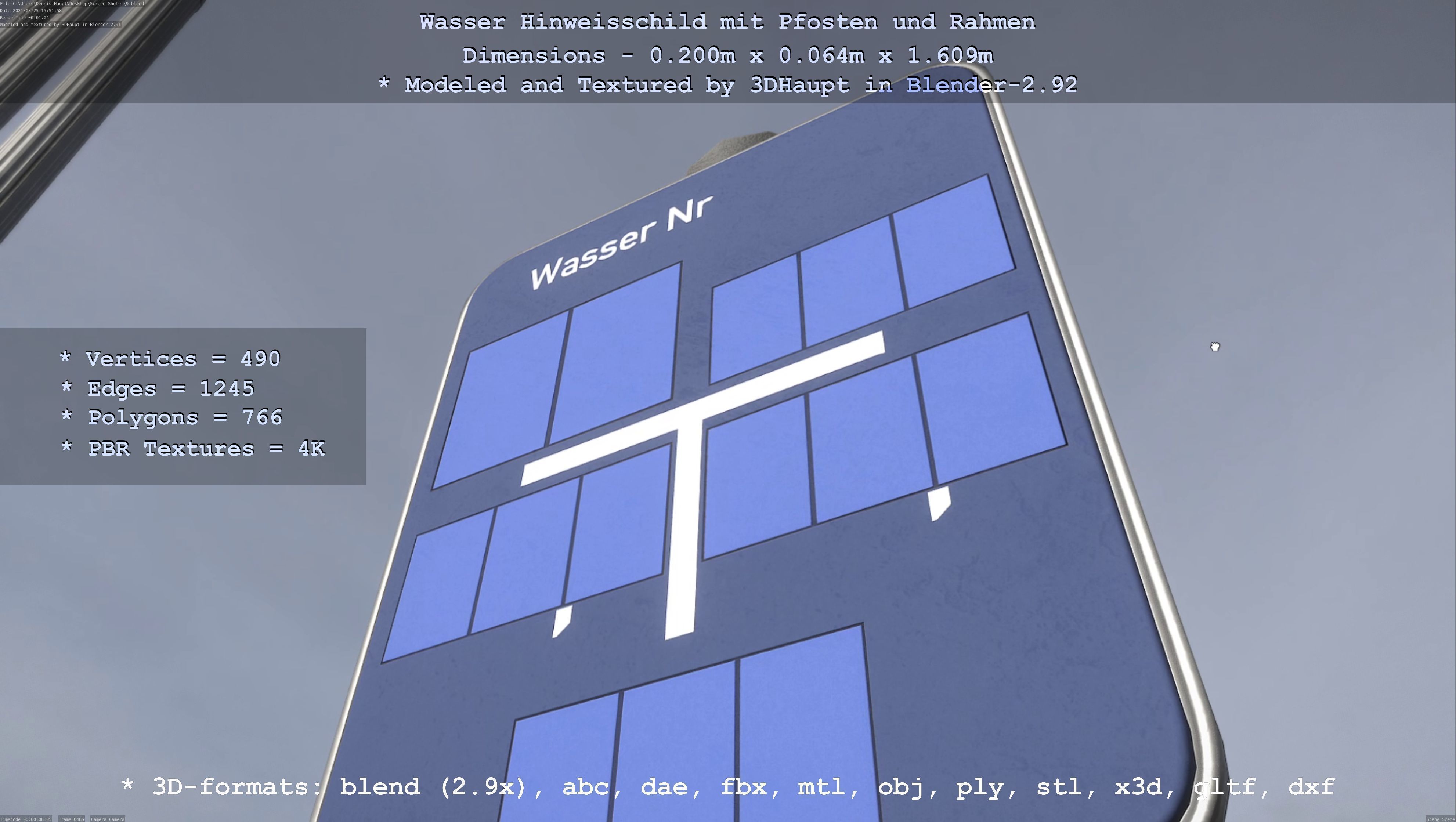Hinweisschild Wasser mit Pfosten und Rahmen Low-poly 3D model_44