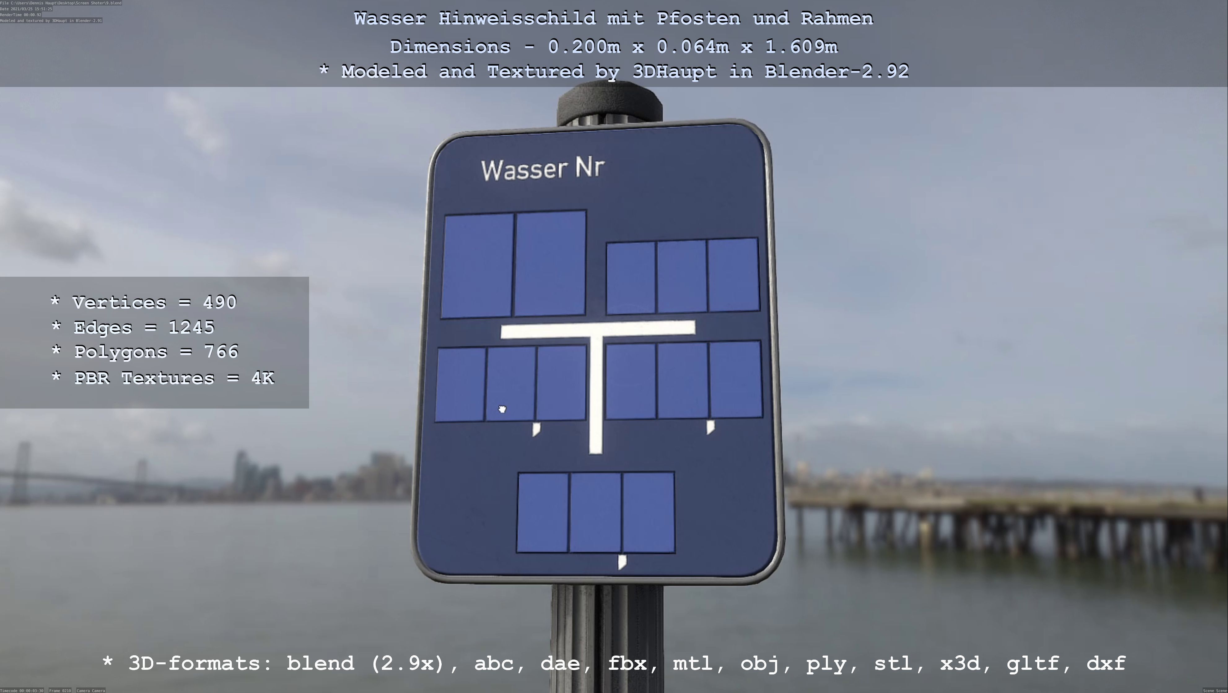Hinweisschild Wasser mit Pfosten und Rahmen Low-poly 3D model_31