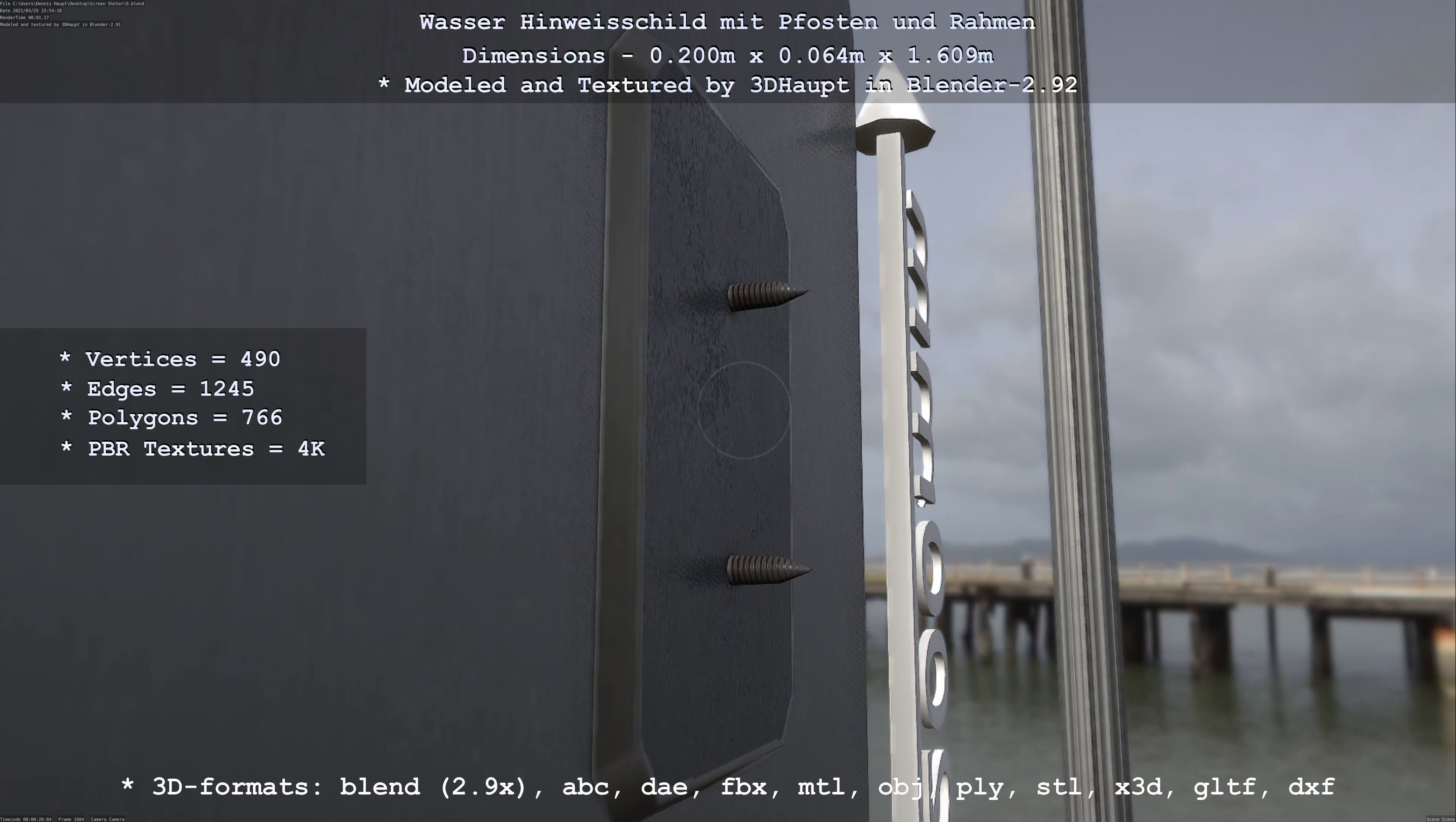 Hinweisschild Wasser mit Pfosten und Rahmen Low-poly 3D model_86