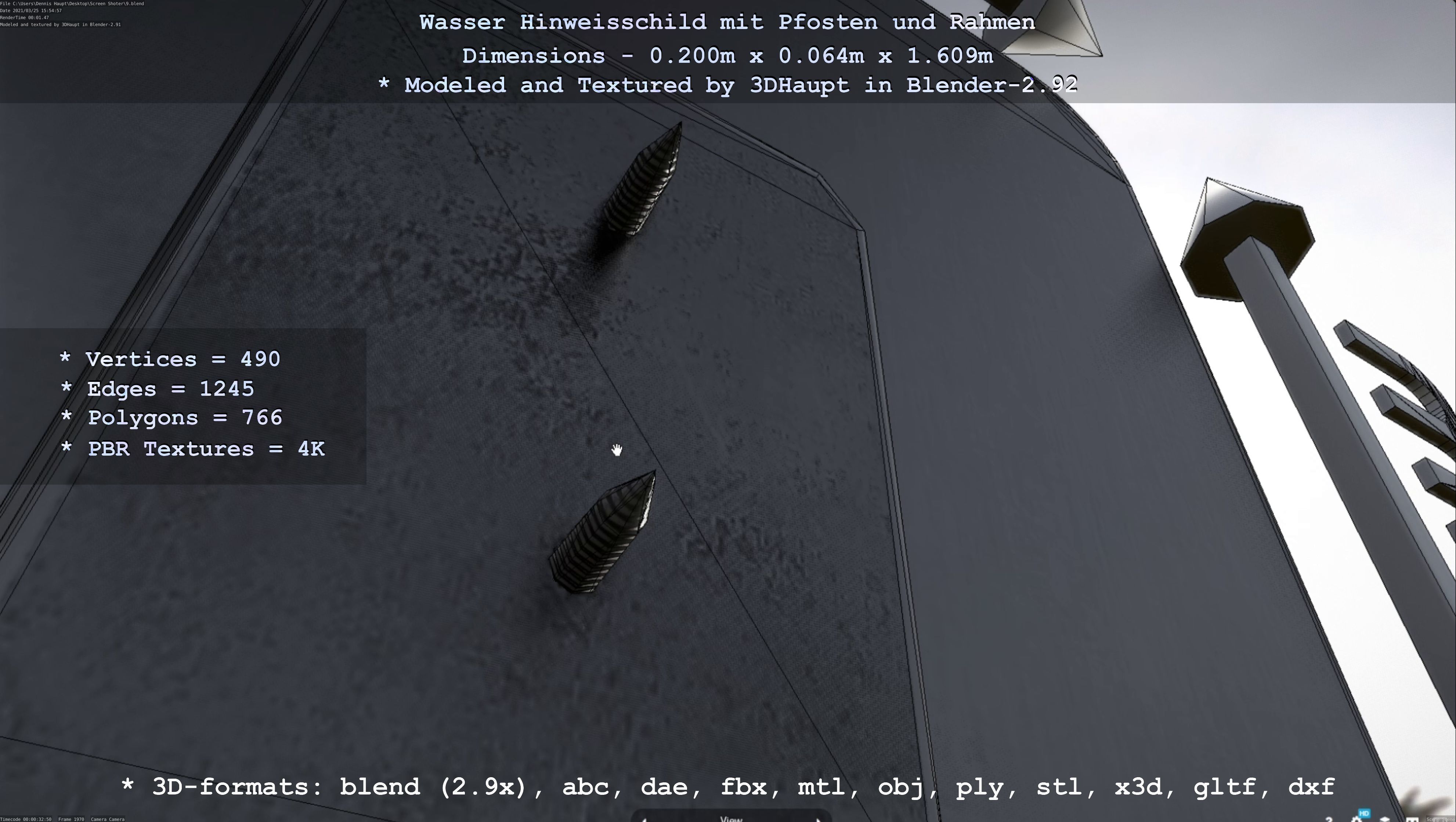 Hinweisschild Wasser mit Pfosten und Rahmen Low-poly 3D model_99