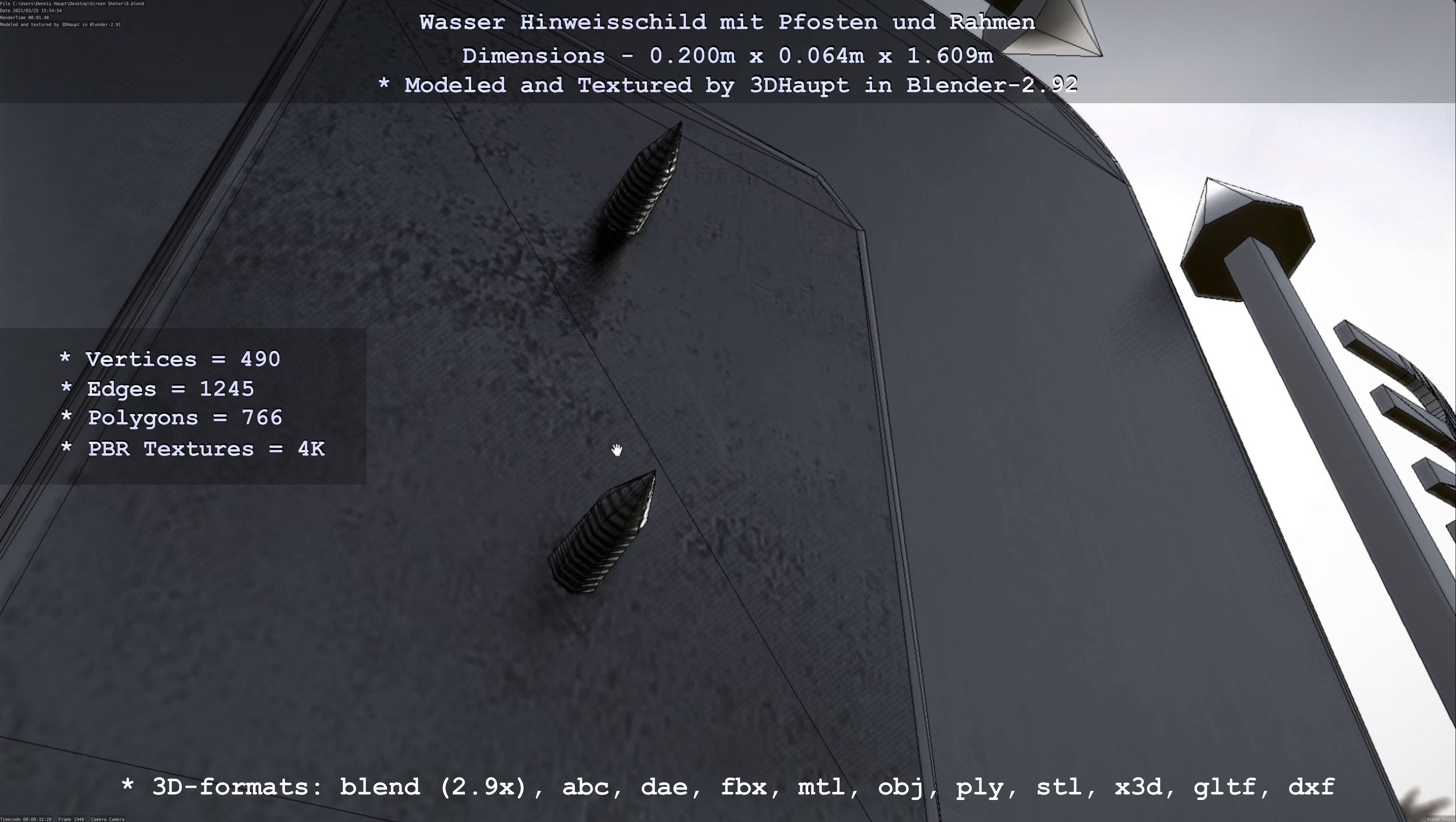 Hinweisschild Wasser mit Pfosten und Rahmen Low-poly 3D model_97