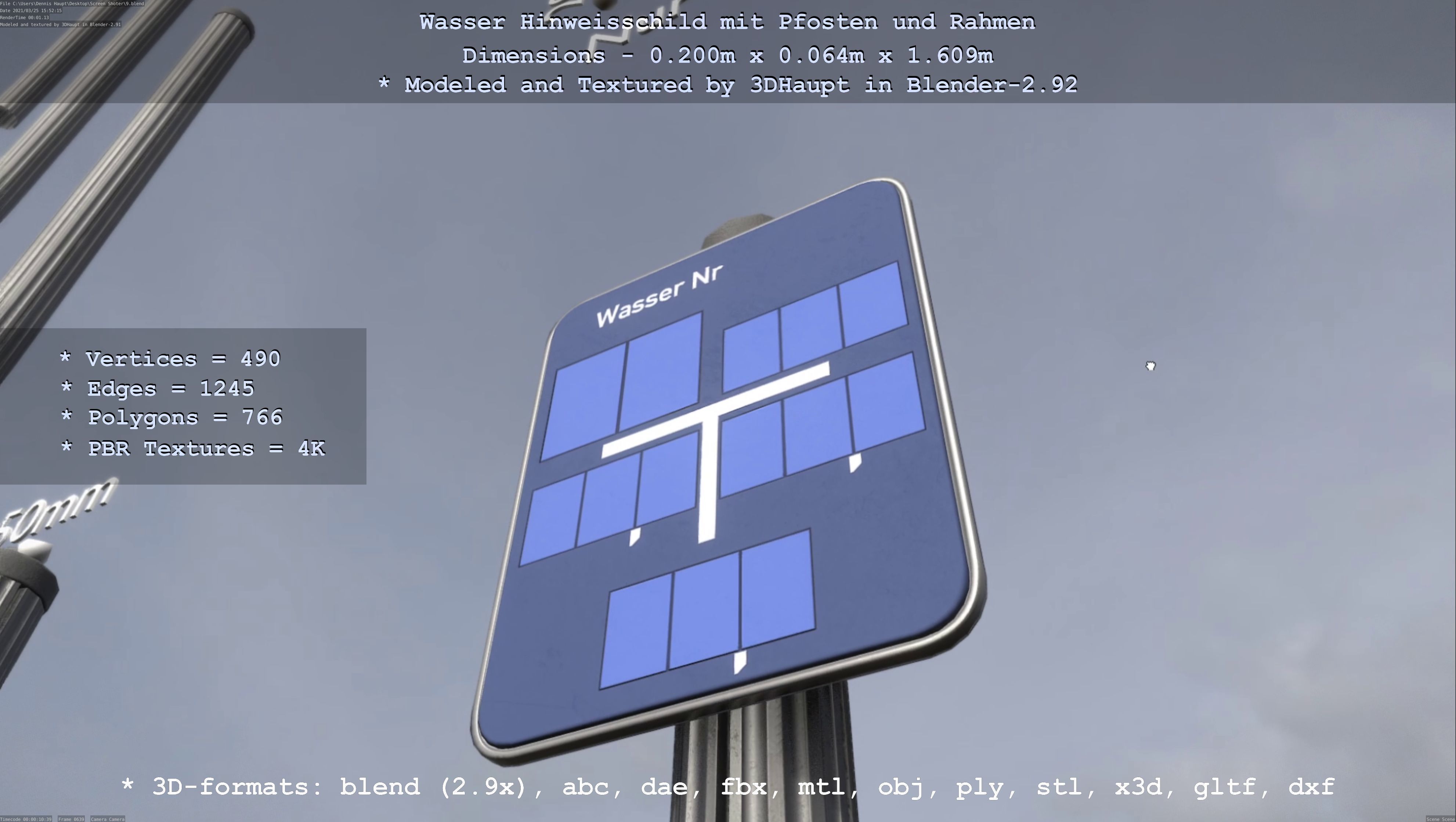 Hinweisschild Wasser mit Pfosten und Rahmen Low-poly 3D model_50