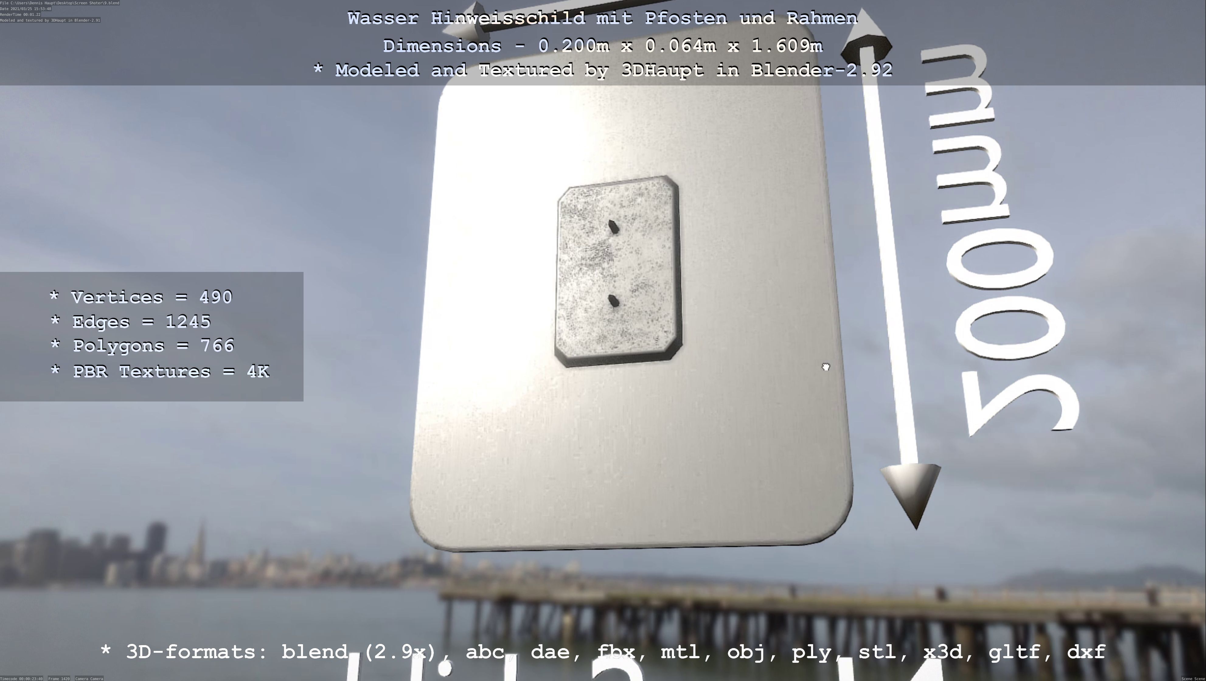 Hinweisschild Wasser mit Pfosten und Rahmen Low-poly 3D model_8