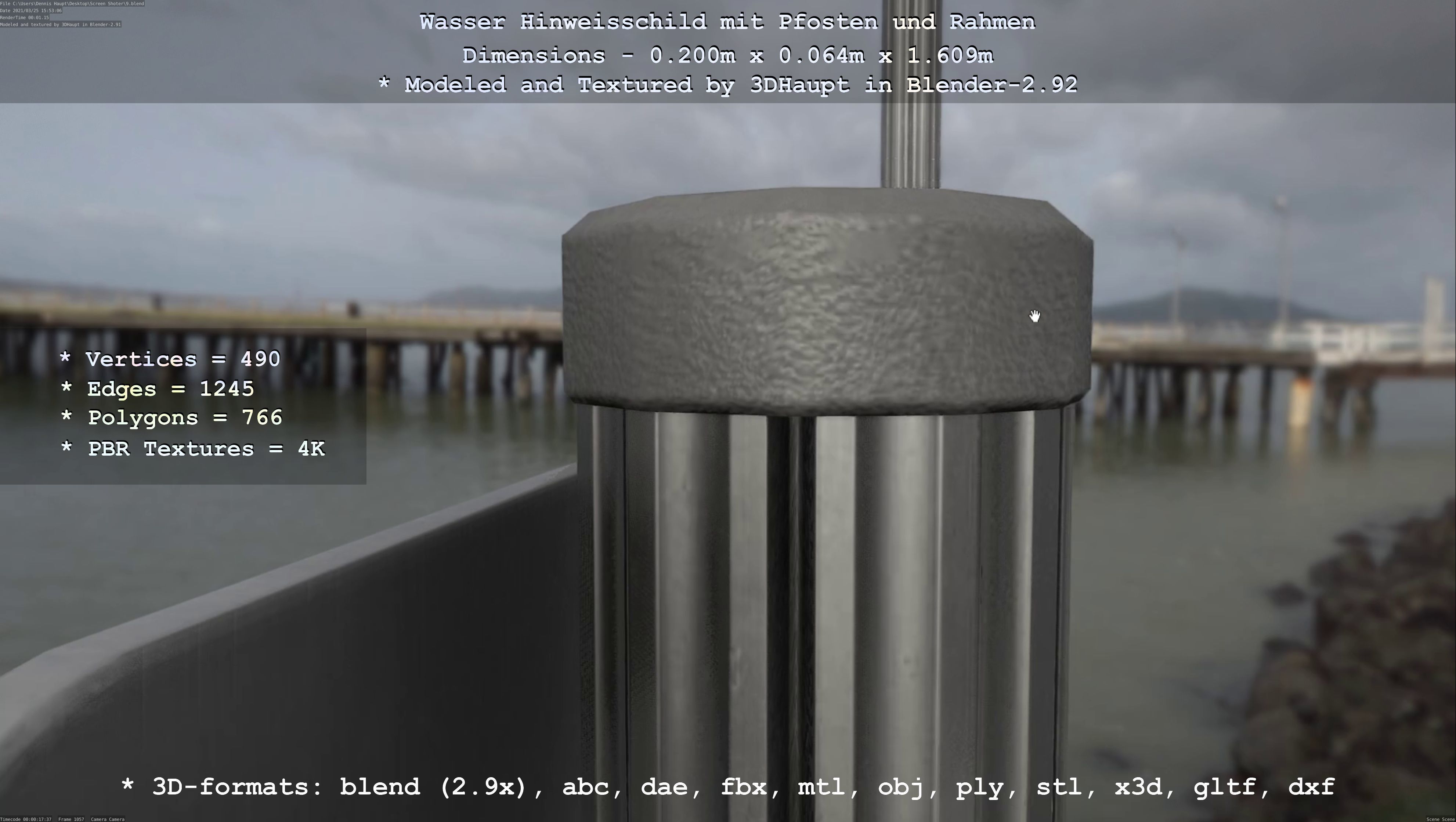 Hinweisschild Wasser mit Pfosten und Rahmen Low-poly 3D model_64