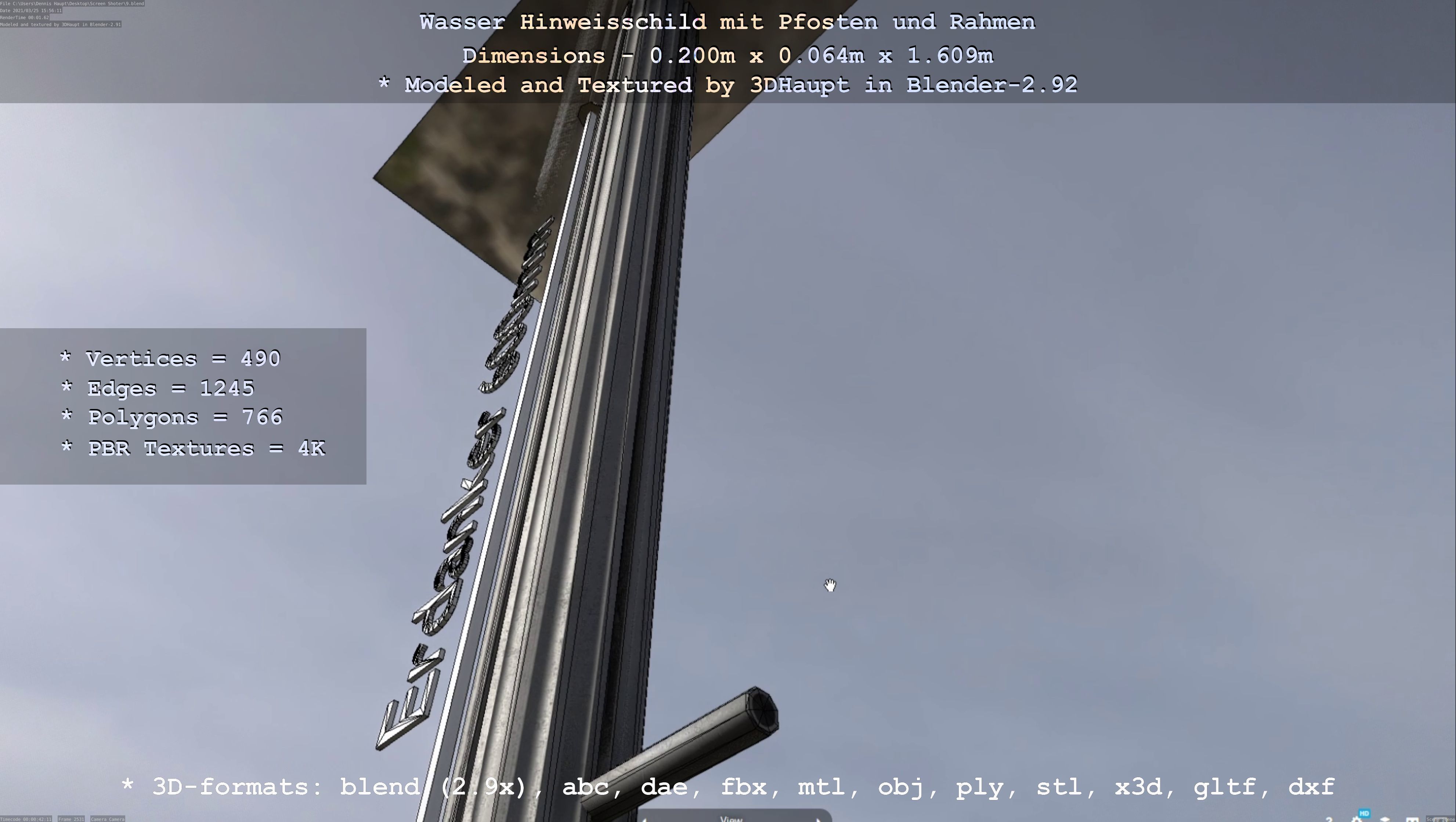 Hinweisschild Wasser mit Pfosten und Rahmen Low-poly 3D model_118